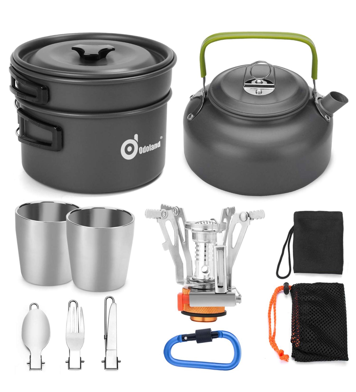 Odoland 12pcs Camping Cookware Mess Kit with Mini Stove - Lightweight Pot, Pan, Kettle, 2 Cups, Fork, Spoon Set for Backpacking, Camping, Hiking, Picnic - Outdoor Cooking Equipment - Buy Online on GoSupps.com