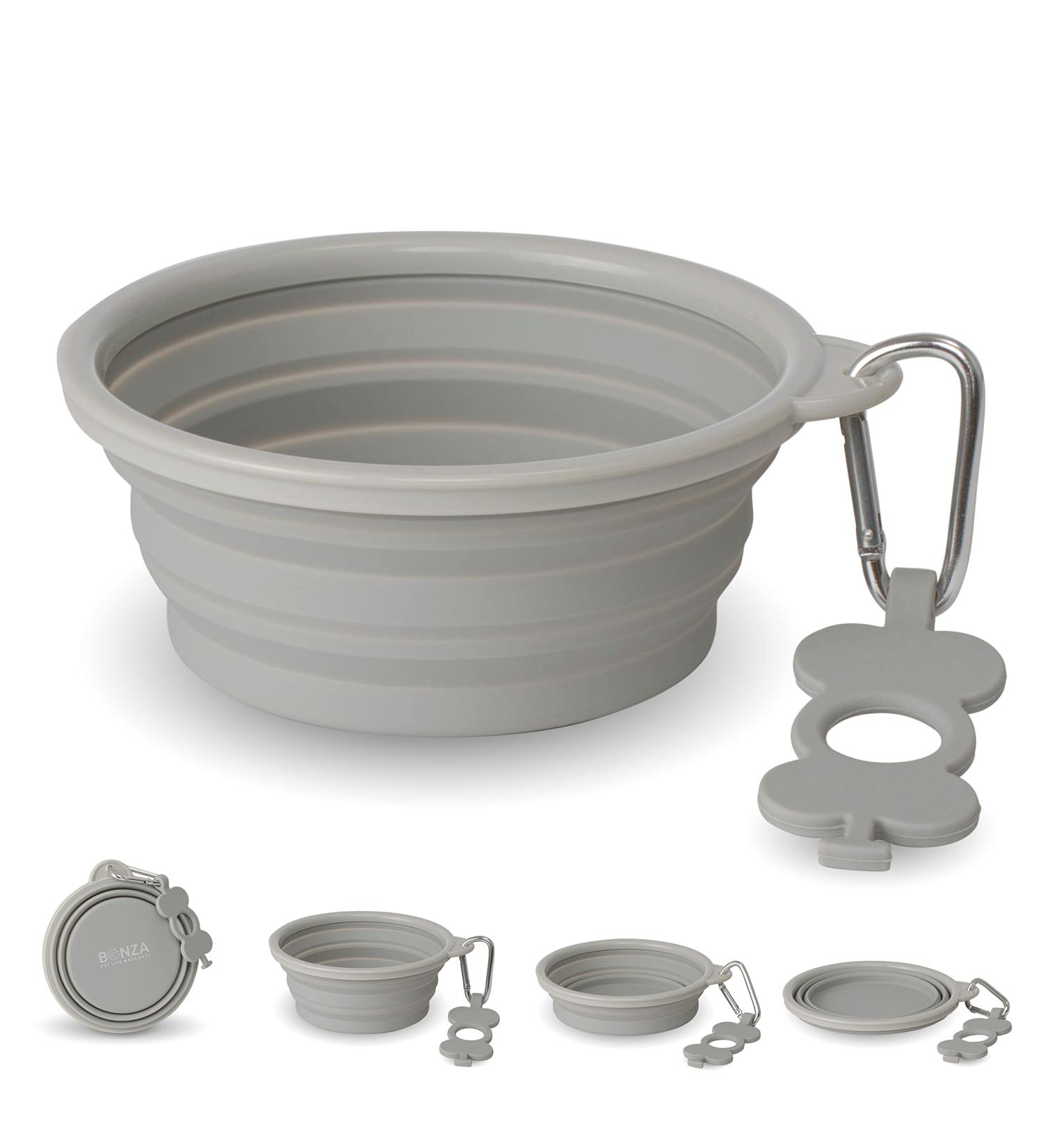Bonza Foldable Dog Bowl 750ml - Durable Reinforced Edge with Carabiner & Water Bottle Holder | Light Gray - Ideal for Travel - Buy Online on GoSupps.com