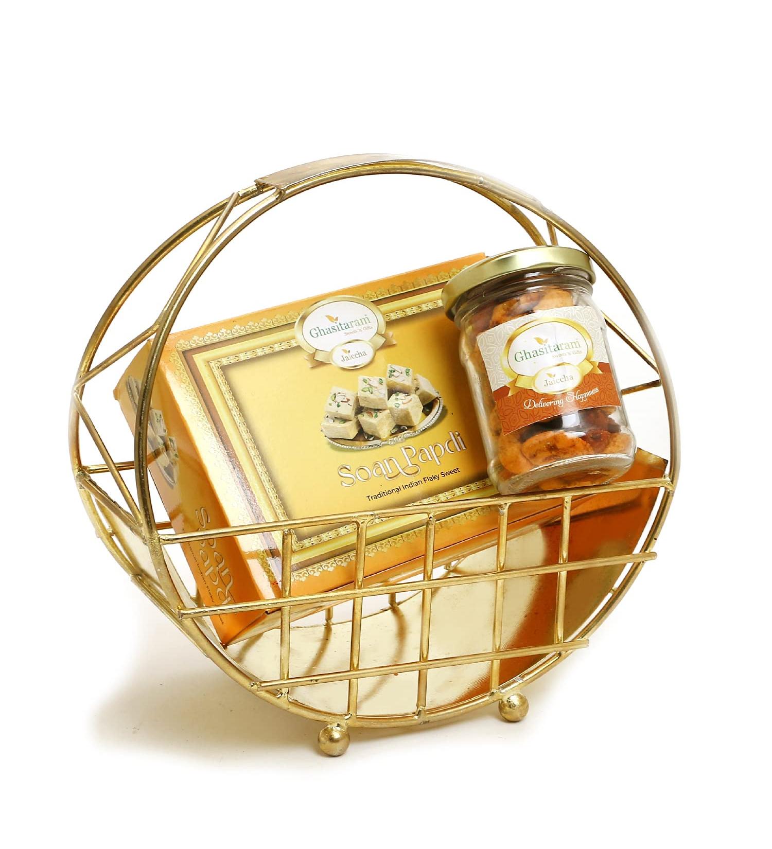 Jaiccha Ghasitaram Half Moon Metal Basket of Mix Dryfruits Soan Papdi |Gift for Diwali Gifts Holi Rakhi Valentine Christmas Birthday Anniversary Her Him| - Buy Online on GoSupps.com