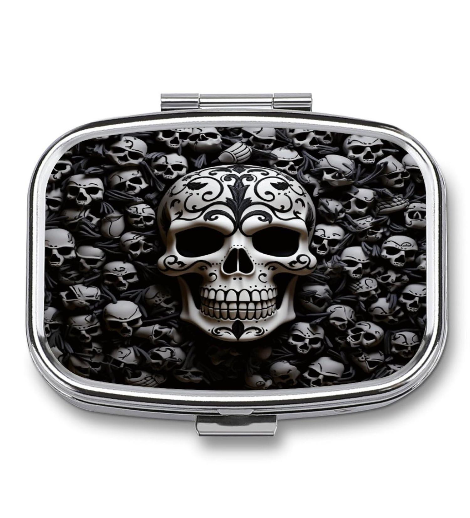 Decorative Black and White Skull Pill Box - 2 Compartment Metal Organizer for Pills | Portable Medicine Case for Pocket & Purse - Buy Online on GoSupps.com