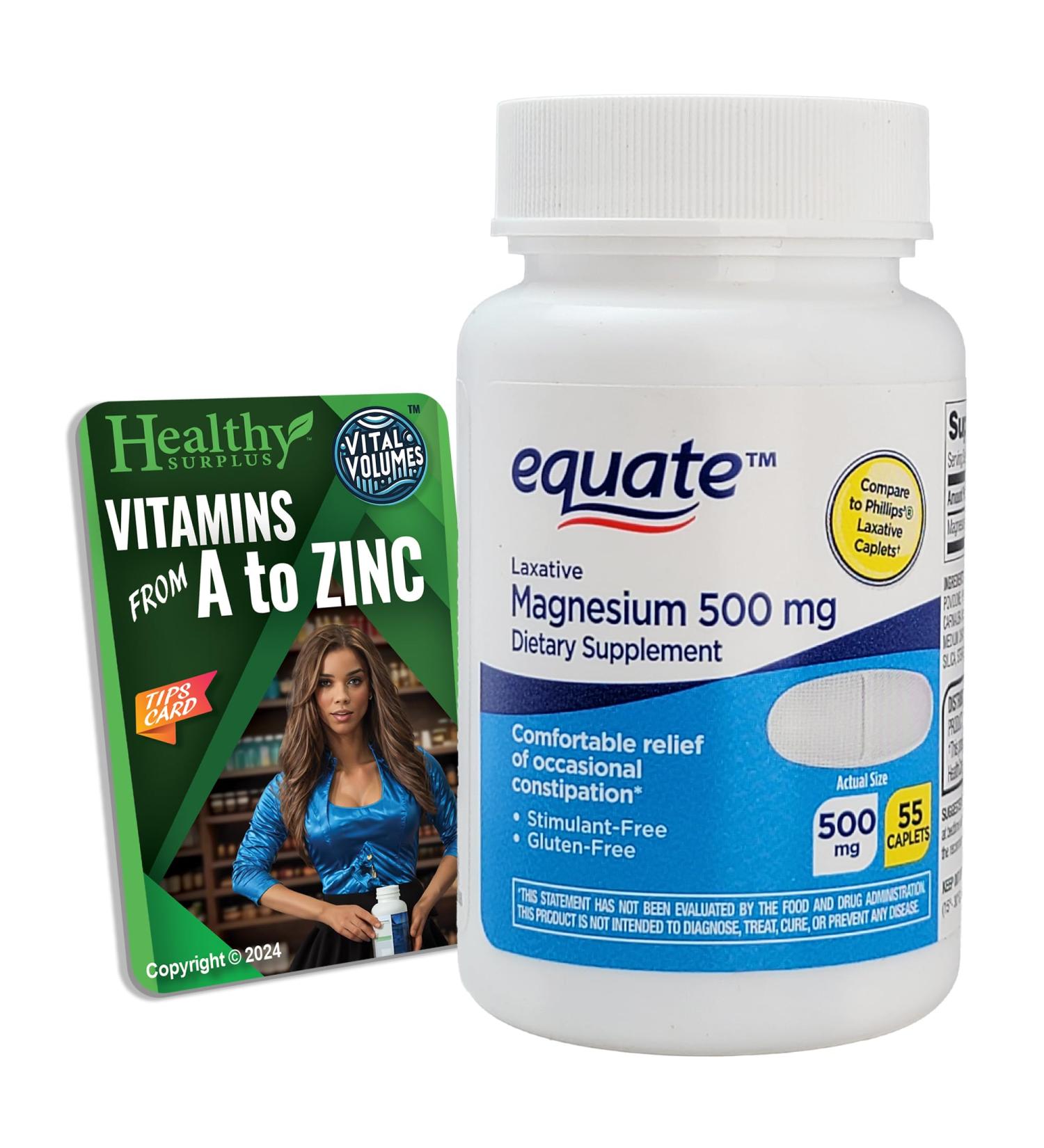 Equate Magnesium 500 mg - 55 Caplets and Vital Volumes Tips Card - Buy Online on GoSupps.com