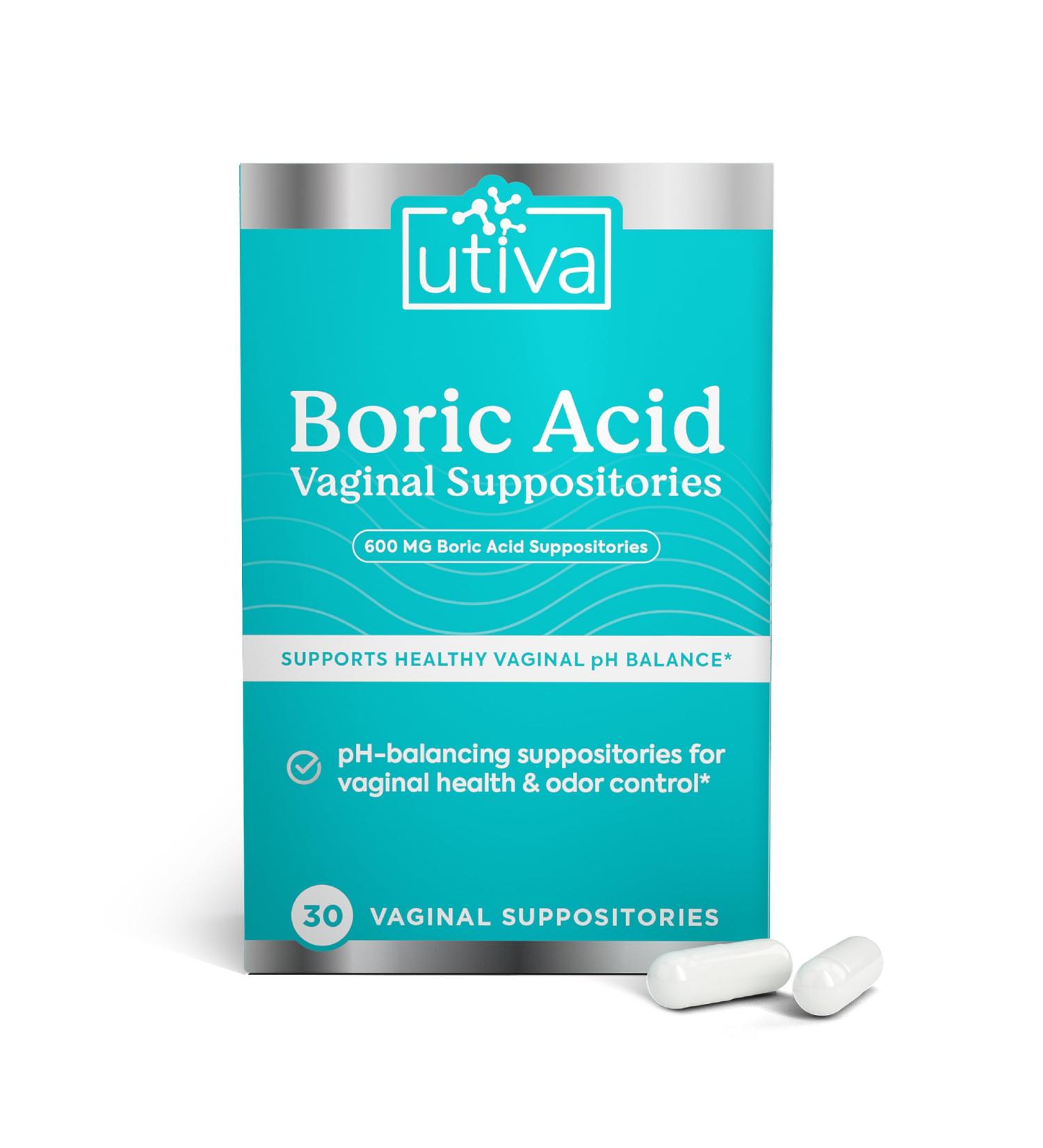 Utiva Boric Acid Suppositories pH Balance Feminine Care for Women | 600mg | 30 Count Supports Vaginal Health - Buy Online on GoSupps.com