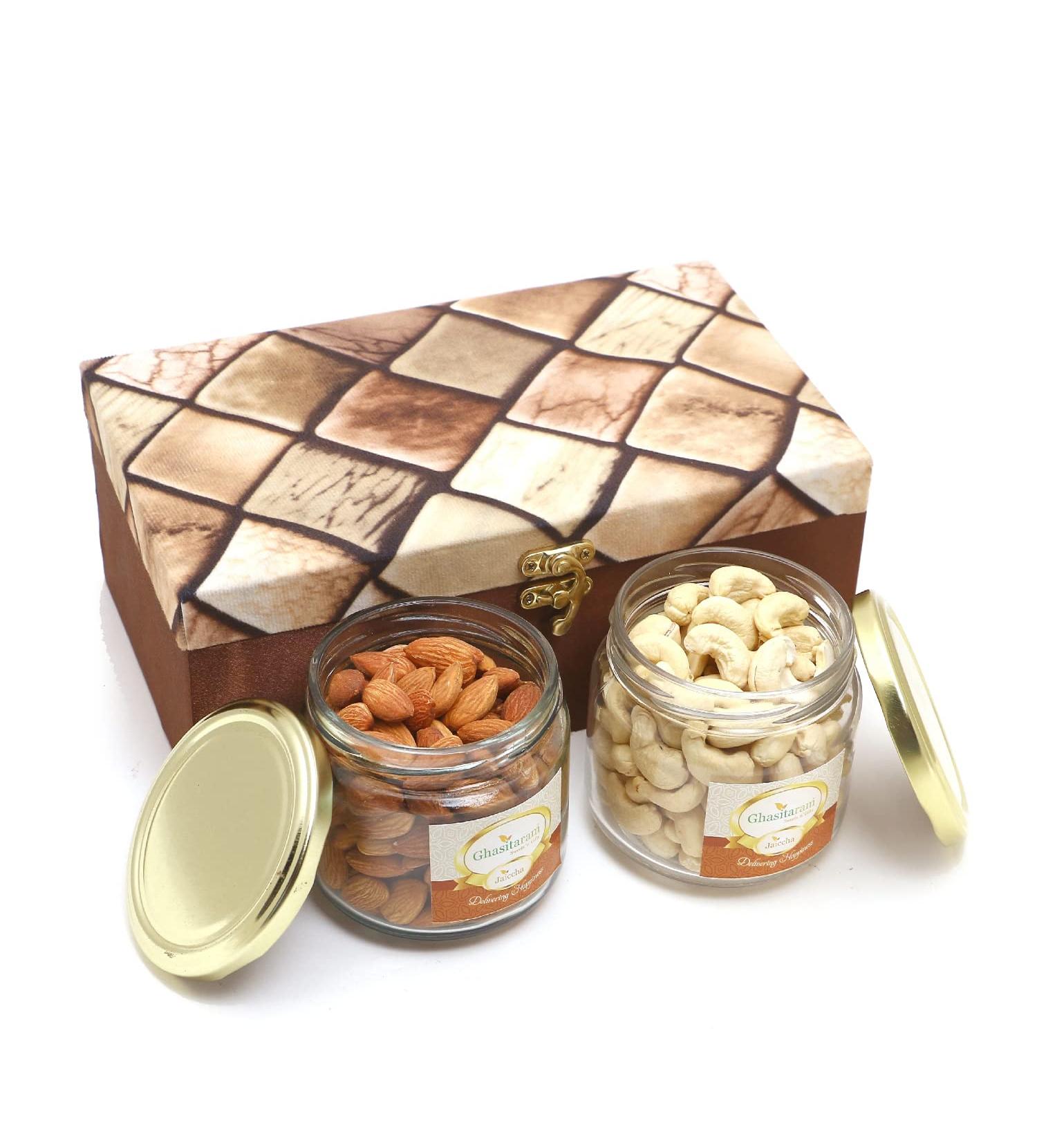 Jaiccha Ghasitaram Miracle Box of 2 Jars of Cashews and Almonds|Gift for Diwali Gifts Holi Rakhi Valentine Christmas Birthday Anniversary Her Him| - Buy Online on GoSupps.com