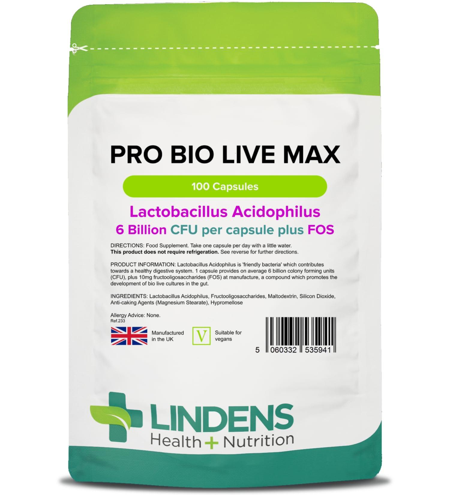 Lindens - Pro Bio Live Max 6 Billion CFU Capsules - 100 Pack - UK Made - Contributes to a Healthy Gut and Supports Digestion - Probiotic Vegetarian Capsules - Letterbox Friendly Vegan - Buy Online on GoSupps.com