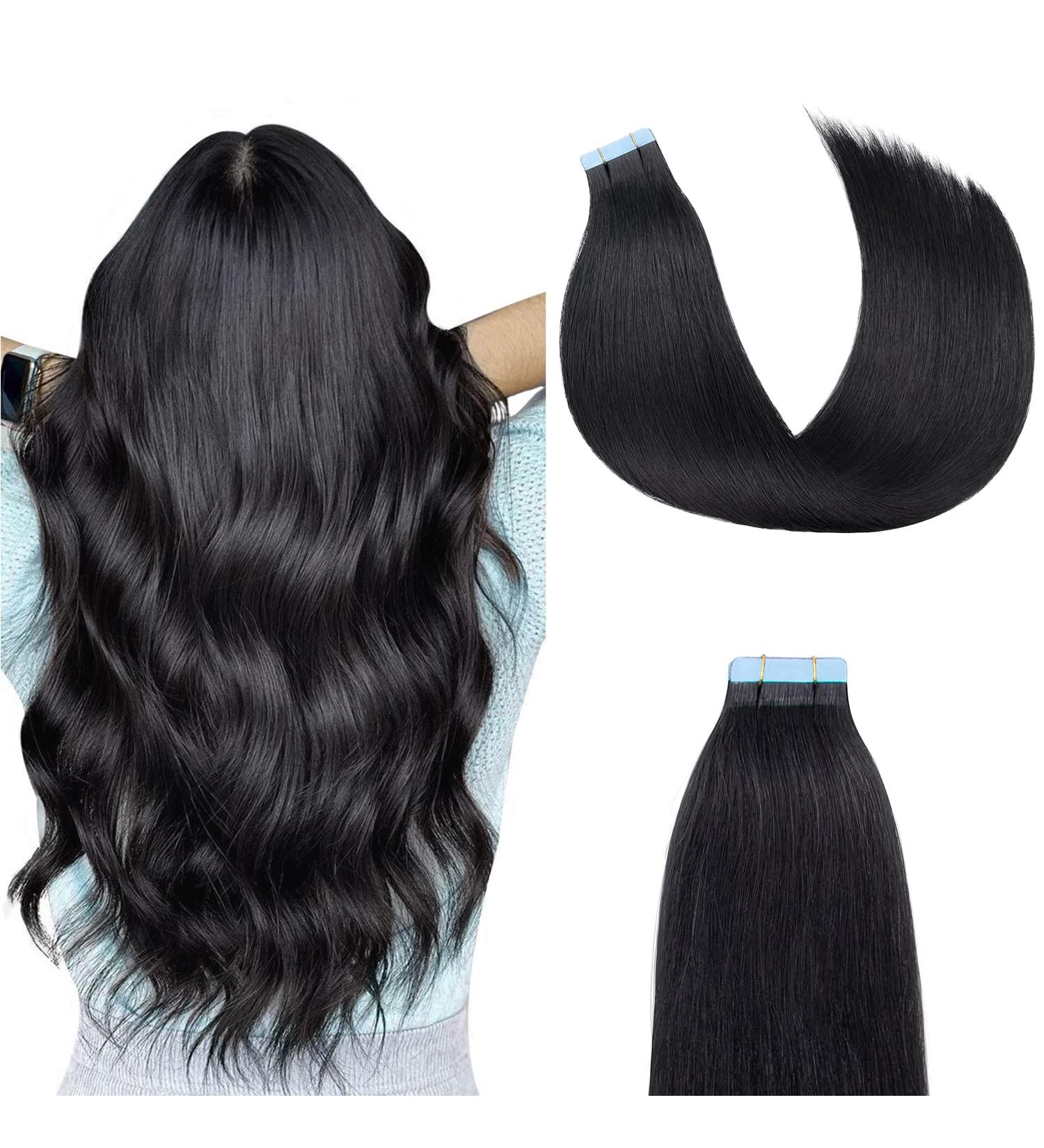 AGMITY 22 Jet Black Tape in Hair Extensions - 100% Remy Human Hair | 20pcs, 50Gram Thick Real Human Hair Extensions - Buy Online on GoSupps.com