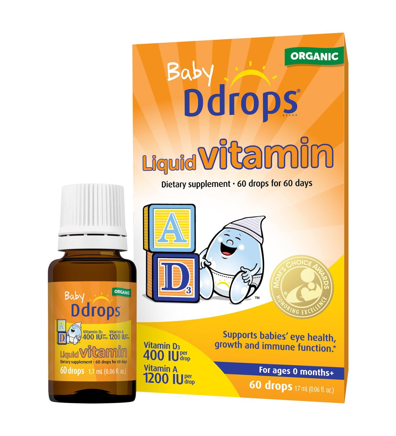 Ddrops Baby Organic Liquid Vitamins A&D Drops for Infants 60 Drops. Supports Babies Eye Health Bone Development and Immune Function. Certified Organic Non-GMOs Allergy-Friendly 0.06 Fl Oz (Pack of 1) - Buy Online on GoSupps.com