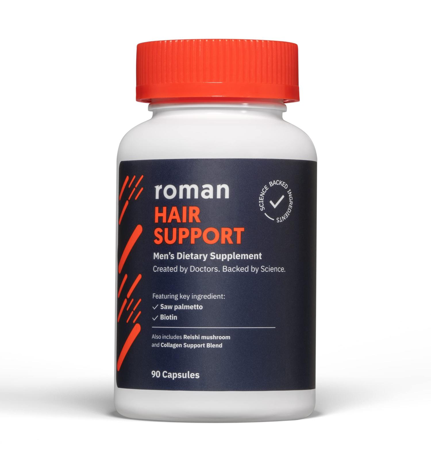 Roman Hair Support Supplement for Men - Saw Palmetto, Zinc & Biotin - Nourish & Strengthen Hair - 30-Day Supply | 90 Capsules - Buy Online on GoSupps.com