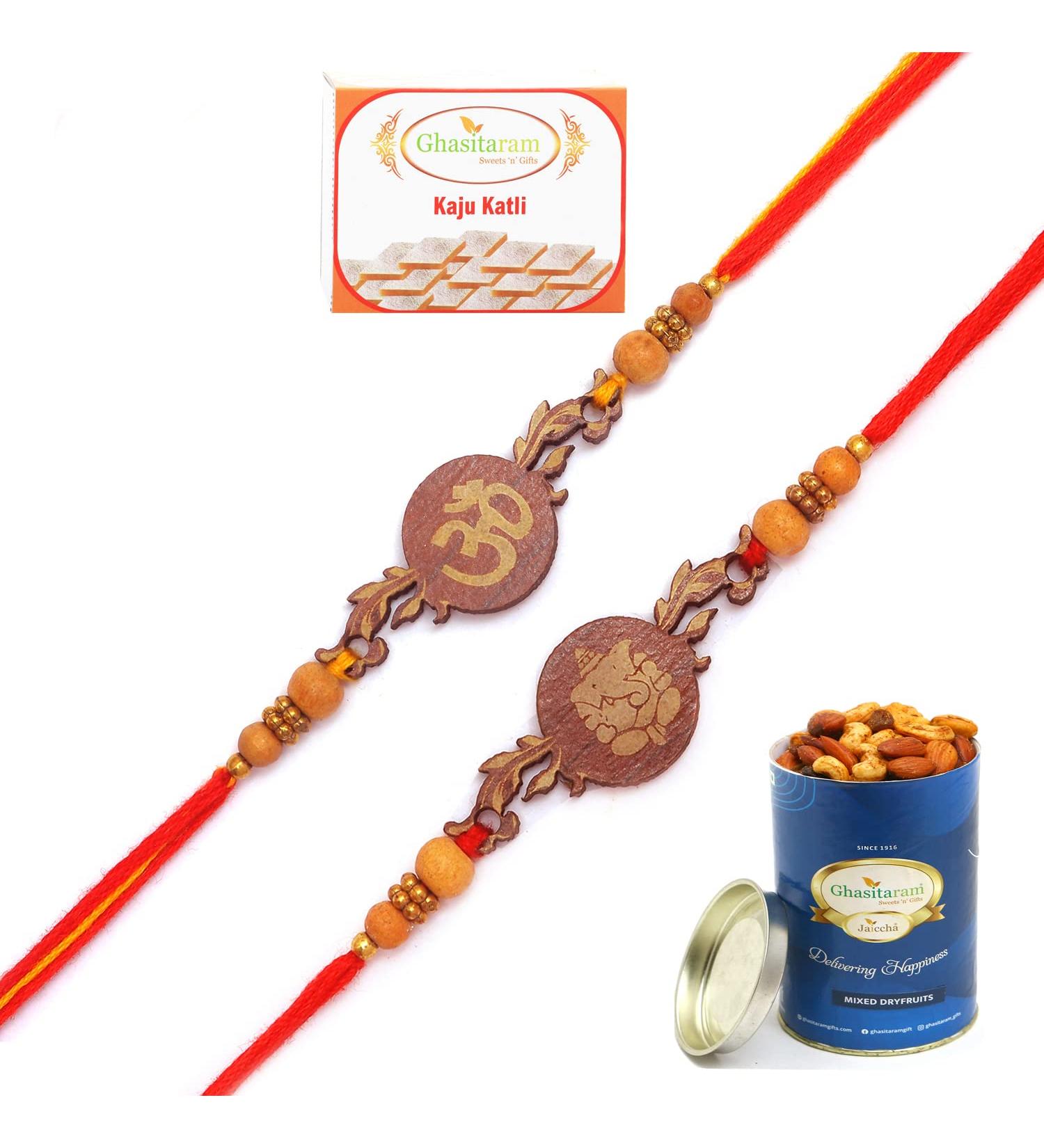Ghasitaram Gifts Rakhi for Brother Rakhis Online - Set of 2 BW-5410 and BW-5414 Om Ganesh Divine Rakhis with 100 GMS of Dryfruits Mix Can 200 GMS of Kaju katli - Buy Online on GoSupps.com