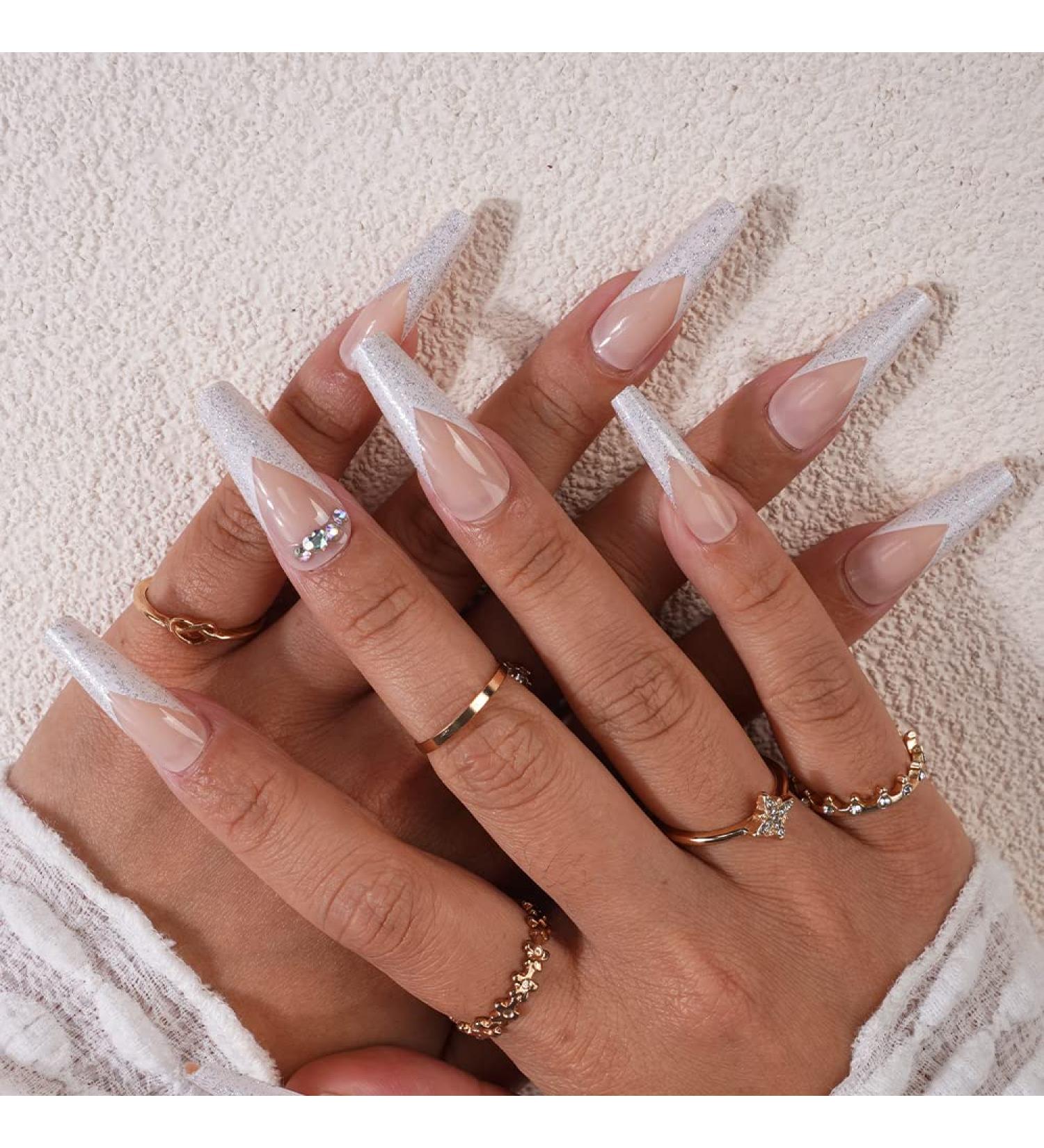 Xerling French Press On Nails with Glitter Rhinestones - Blue Heart Coffin Tips Long Ballerina Style 24 Pcs for Women & Girls - Buy Online on GoSupps.com