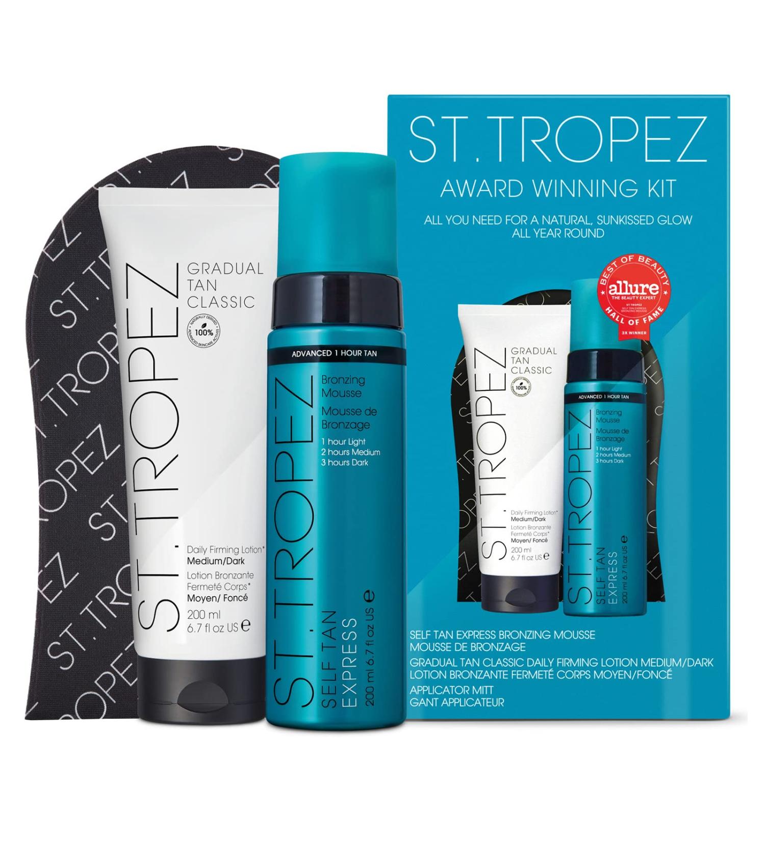 St.Tropez Self Tan Award Winning Kit Express Bronzing Mousse 200 ml Gradual Tan Firming Body Lotion 200 ml Applicator Mitt Vegan Fake Tan & Skincare - Buy Online on GoSupps.com