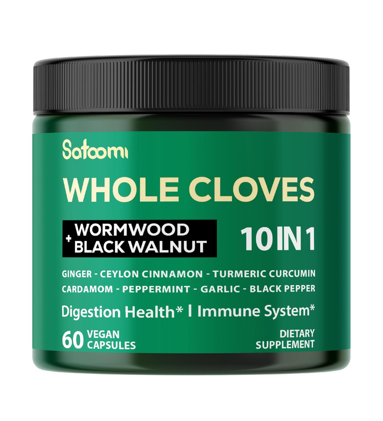 Satoomi 10in1 Clove Supplement Rich in Vitamins & Minerals for Digestive, Immune System, Bone & Heart Health with Wormwood, Black Walnut, Cinnamon, Turmeric, Ginger, Cardamom - 60 Capsules - Buy Online on GoSupps.com