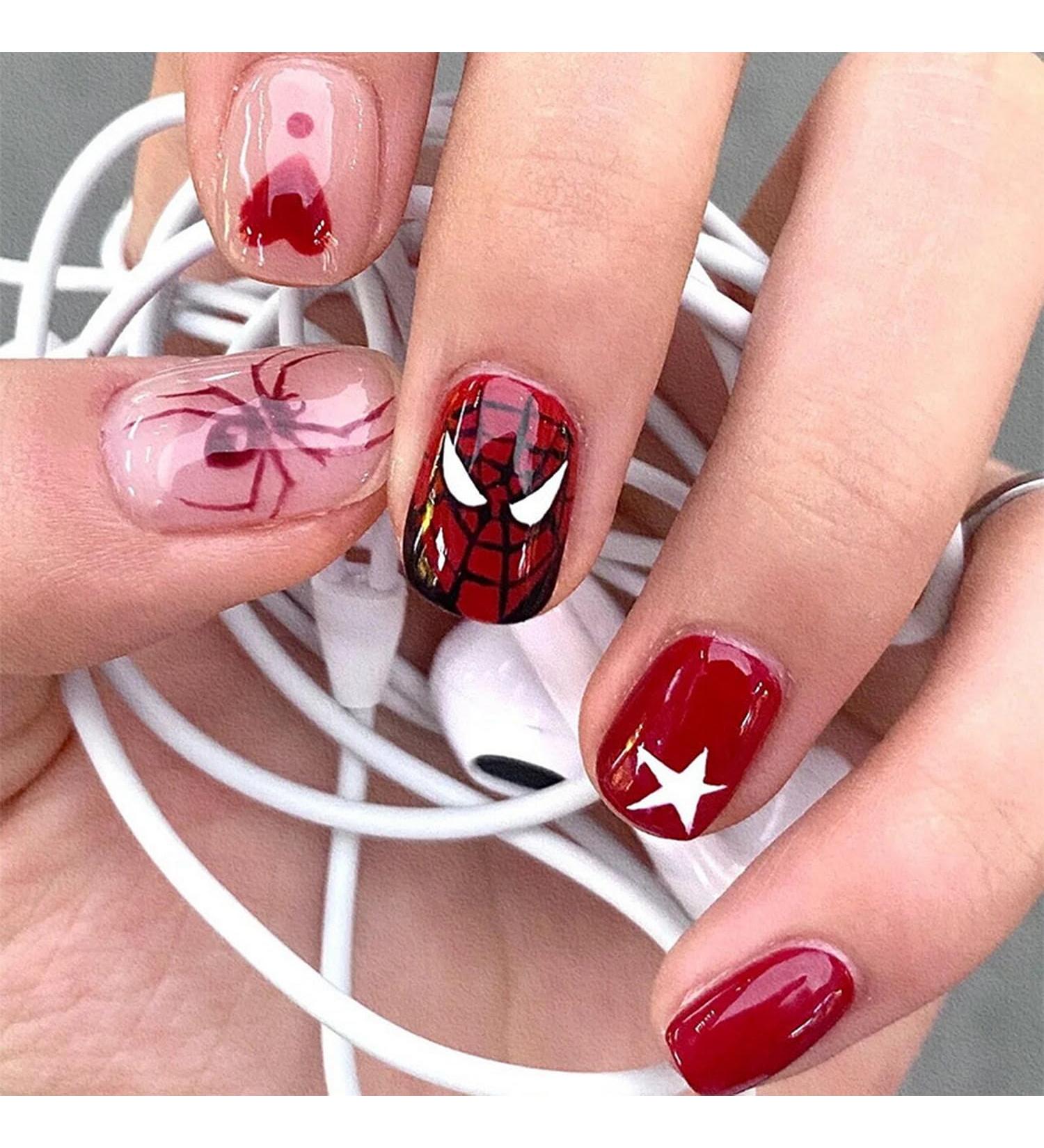 24pcs Halloween Press On Nails - Short Square Fake Nails with Red Spider Designs - Full Cover Acrylic Stick On Nails for Women & Men - Perfect for Parties & Cosplay Manicure - Buy Online on GoSupps.com