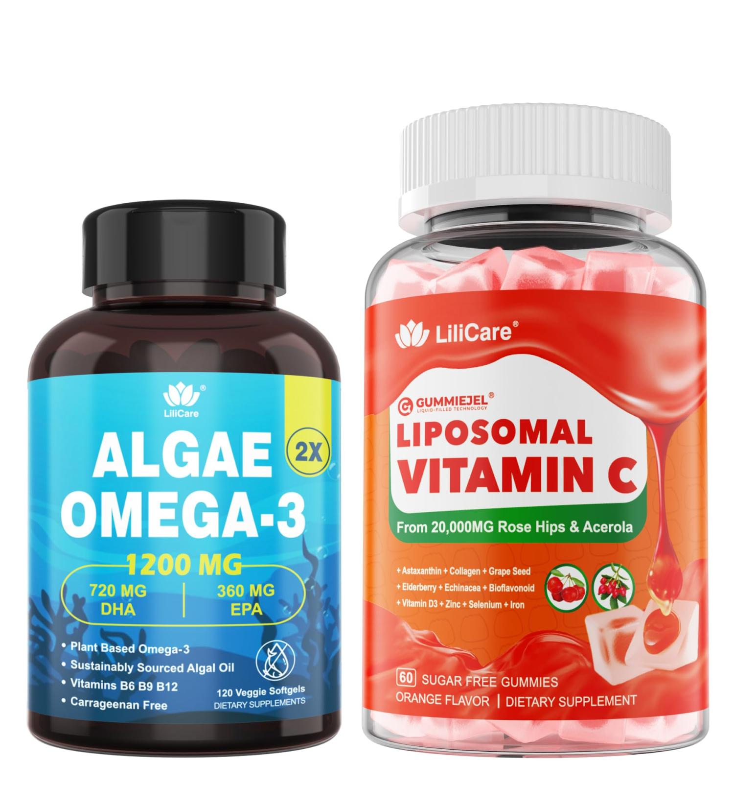 LILICARE Liposomal Vitamin C 1000mg +Plant-Based Algae Omega 3 1200mg Supplement - Buy Online on GoSupps.com
