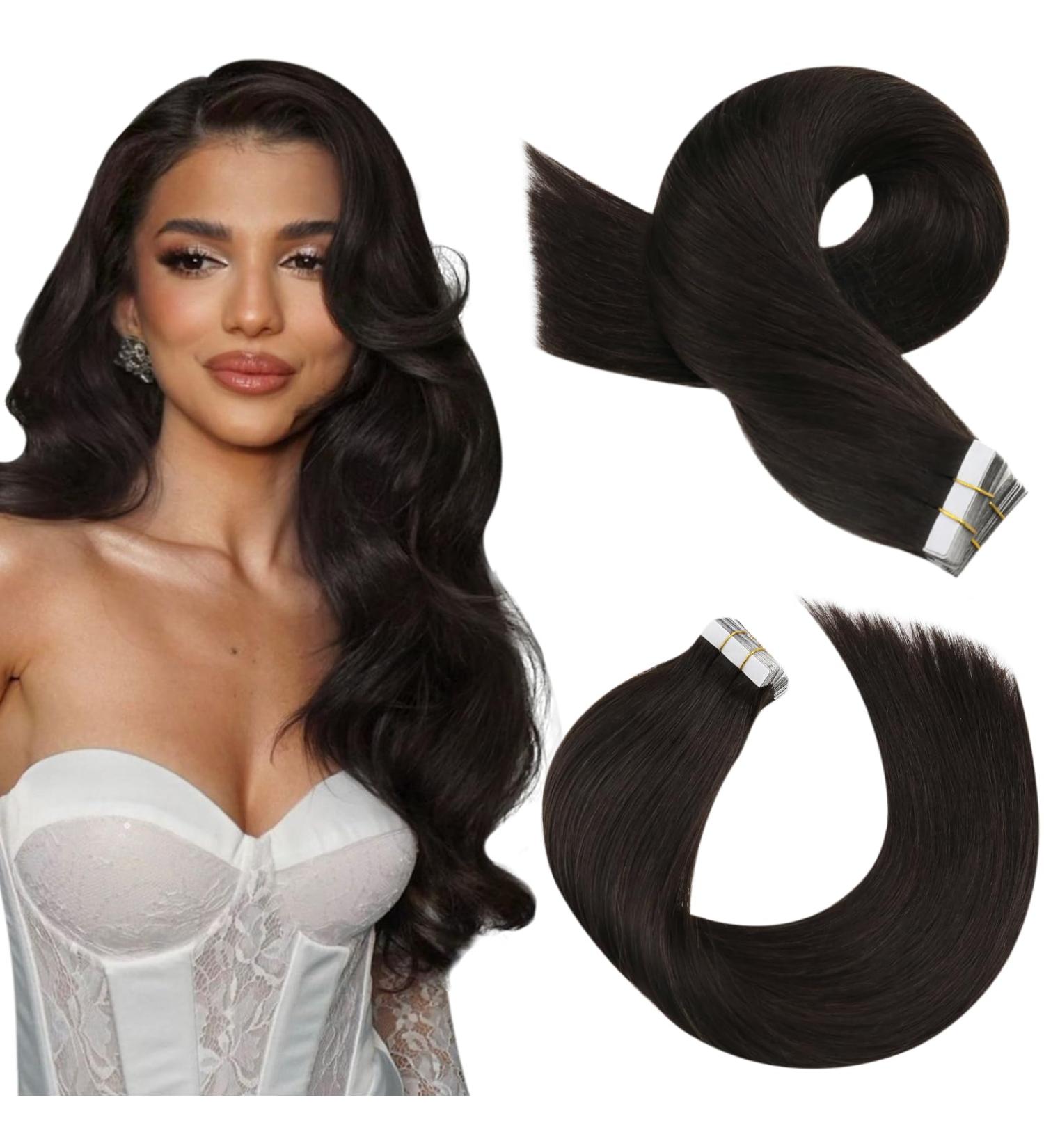 Moresoo Tape Extensions Real Hair - 60cm Invisible Seamless #2 Darkest Brown - 20 Pieces 50g - Buy Online on GoSupps.com