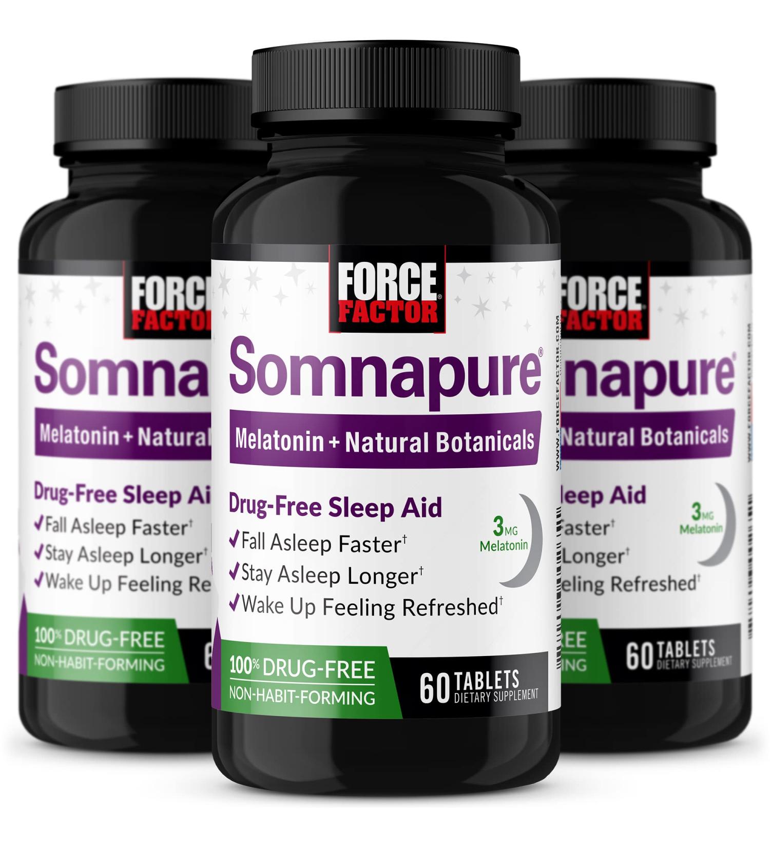 Force Factor Somnapure 3-Pack, Drug-Free Sleep Aid for Adults for Occasional Sleeplessness with Melatonin & Valerian, Non-Habit-Forming Sleeping Pills, Fall Asleep Faster, 180 Tablets - Buy Online on GoSupps.com