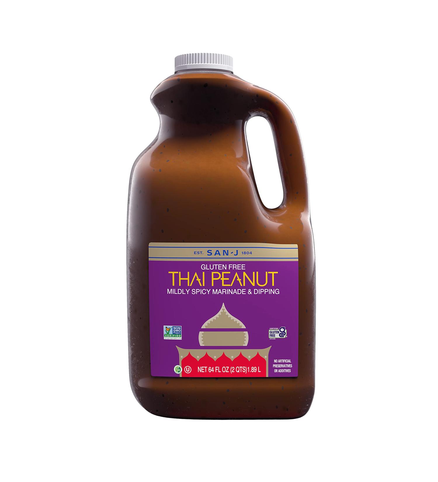 San-J Gluten Free Thai Peanut Sauce | Kosher, Non GMO, No Artificial Preservatives, FODMAP Friendly | Perfect Mildly Spicy Dipping Sauce for Your Favorite Dishes | 64 Fl Oz