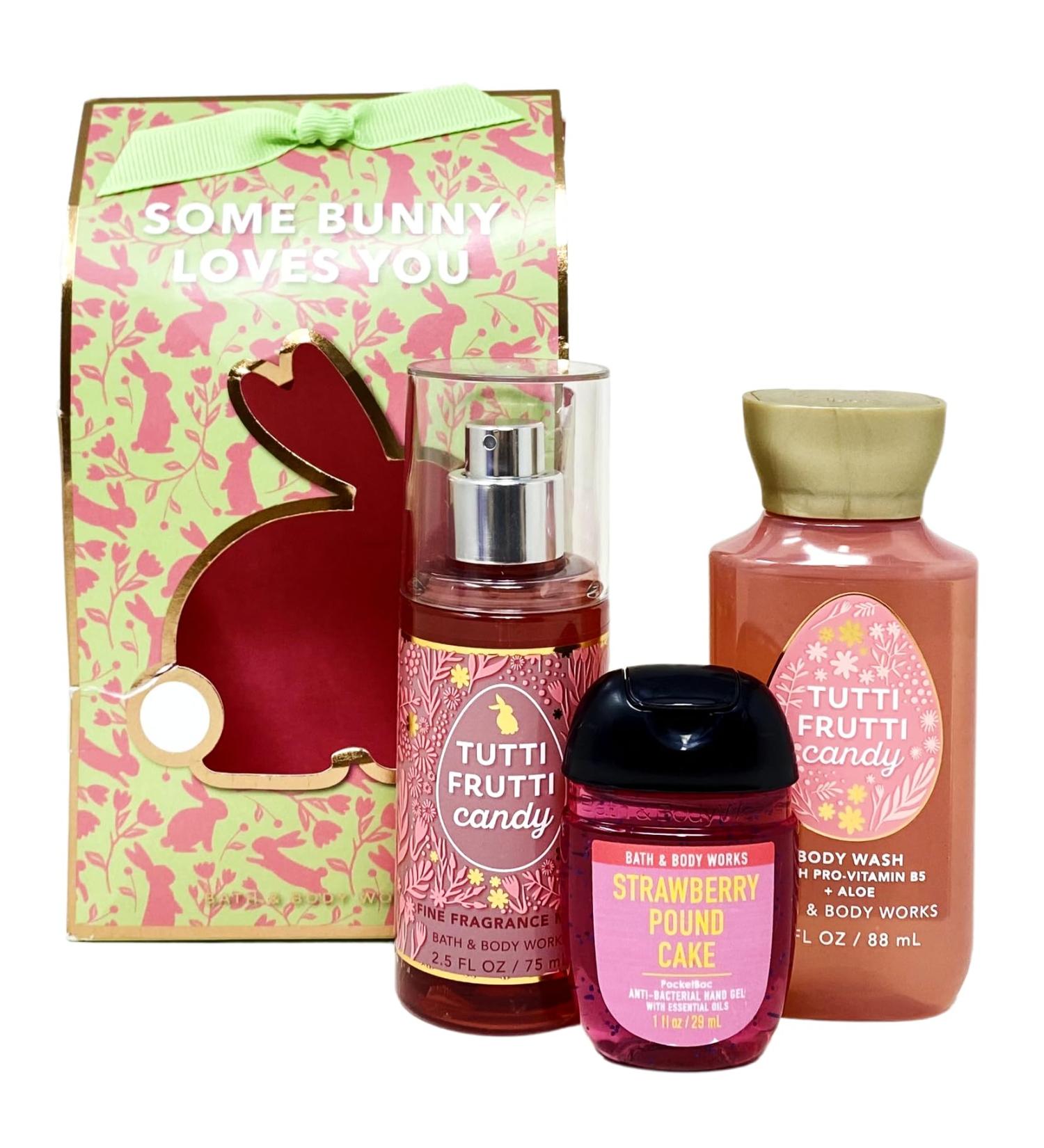 Bath and Body Work TUTTI FRUTTI CANDY Some Bunny Loves You 3 Piece Travel Size Gift Bag Set pink