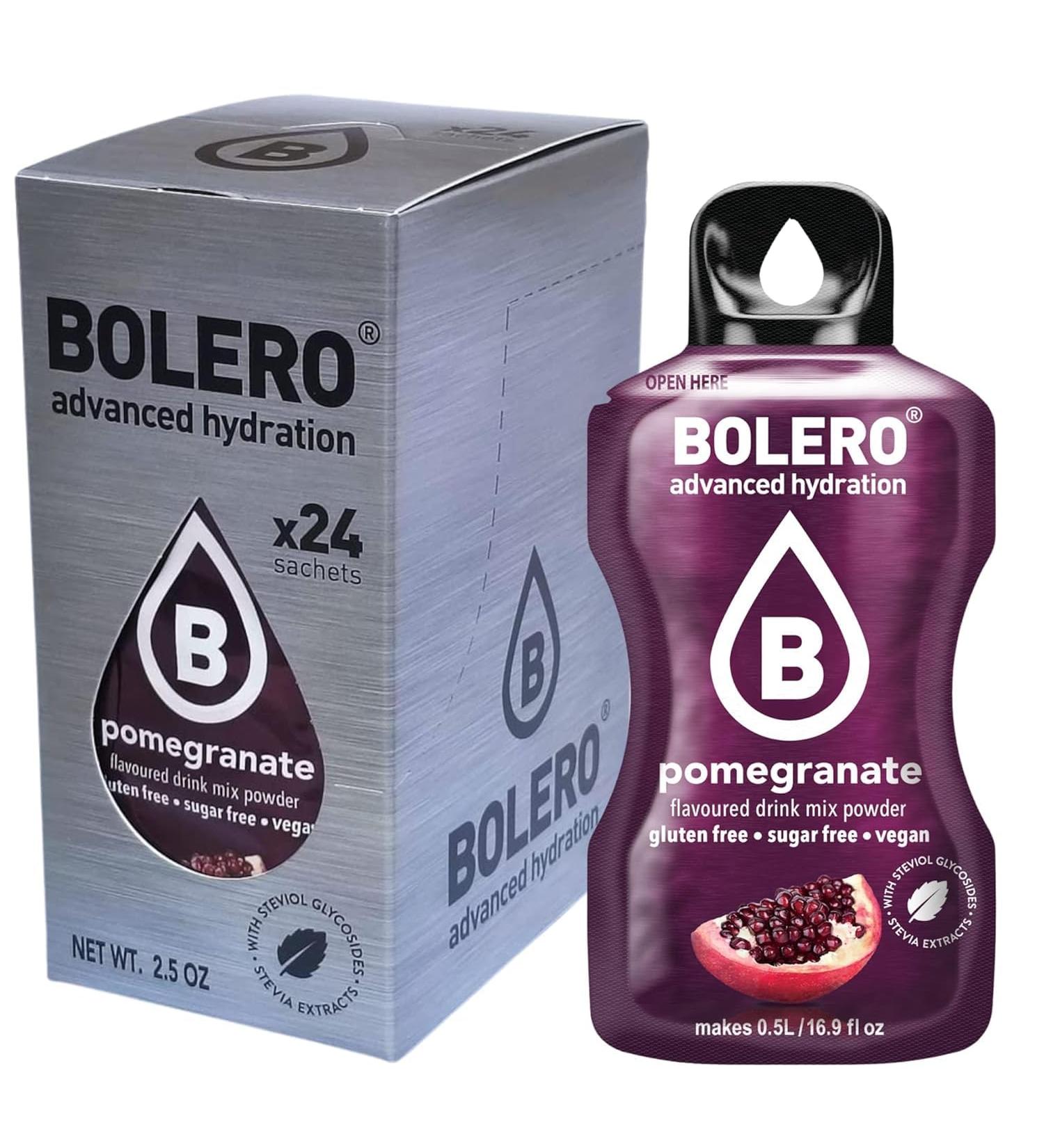 Bolero POMEGRANATE 24x3g | Sugar Free Juice Powder Sweetened with Stevia + Vitamin C | for Kids & Sports | Gluten Free Vega - Buy Online on GoSupps.com