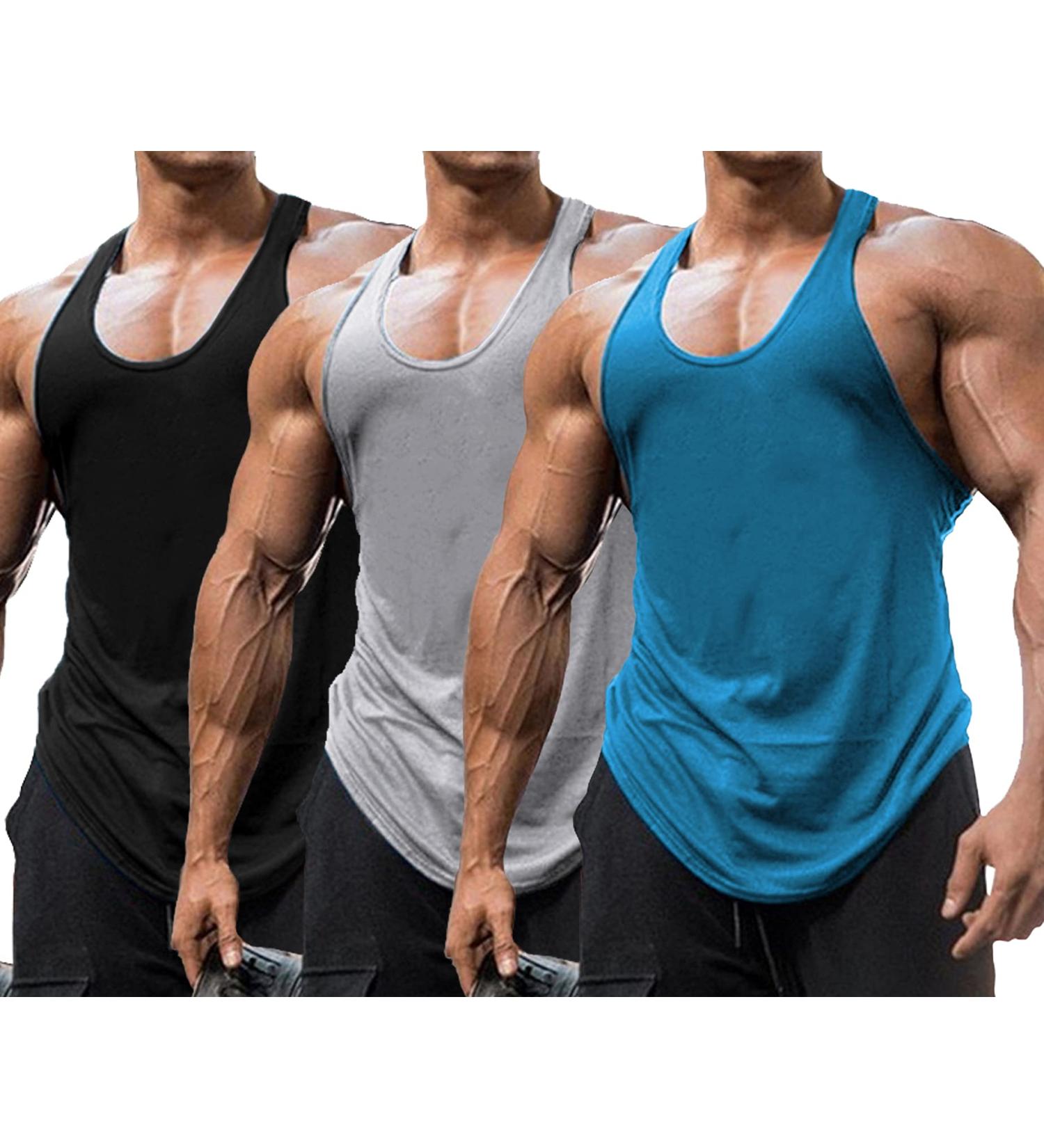 Babioboa Men's Tank Top 3 Pack - Gym & Fitness Sleeveless Shirts in Black Gray & Peacock Blue | Functional Stringer Armpit Design - Size L - Buy Online on GoSupps.com