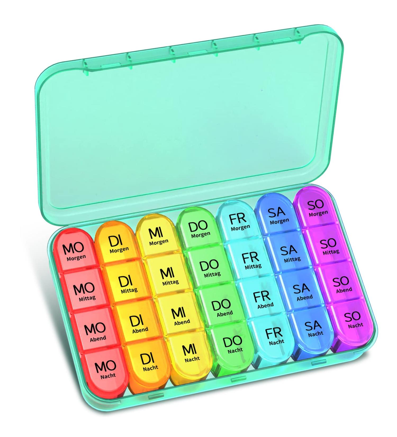 Weekly Pill Box - 7 Day Medication Organizer with 4 Compartments | Large Cyan Tablet Box for Evening & Night Use - Buy Online on GoSupps.com