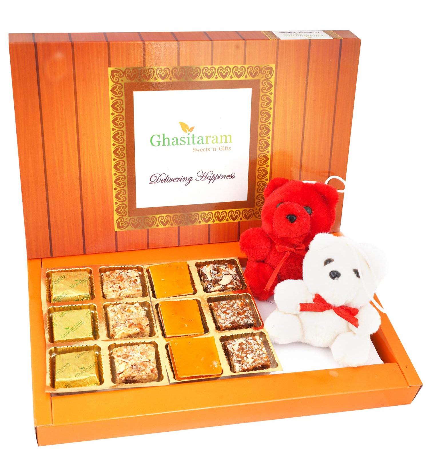 Ghasitaram Gifts Valentines Gift for Girlfriend/Boyfriend/Husband and Wife - Valentine Sweets Assorted Bites and 2 Teddies - Buy Online on GoSupps.com