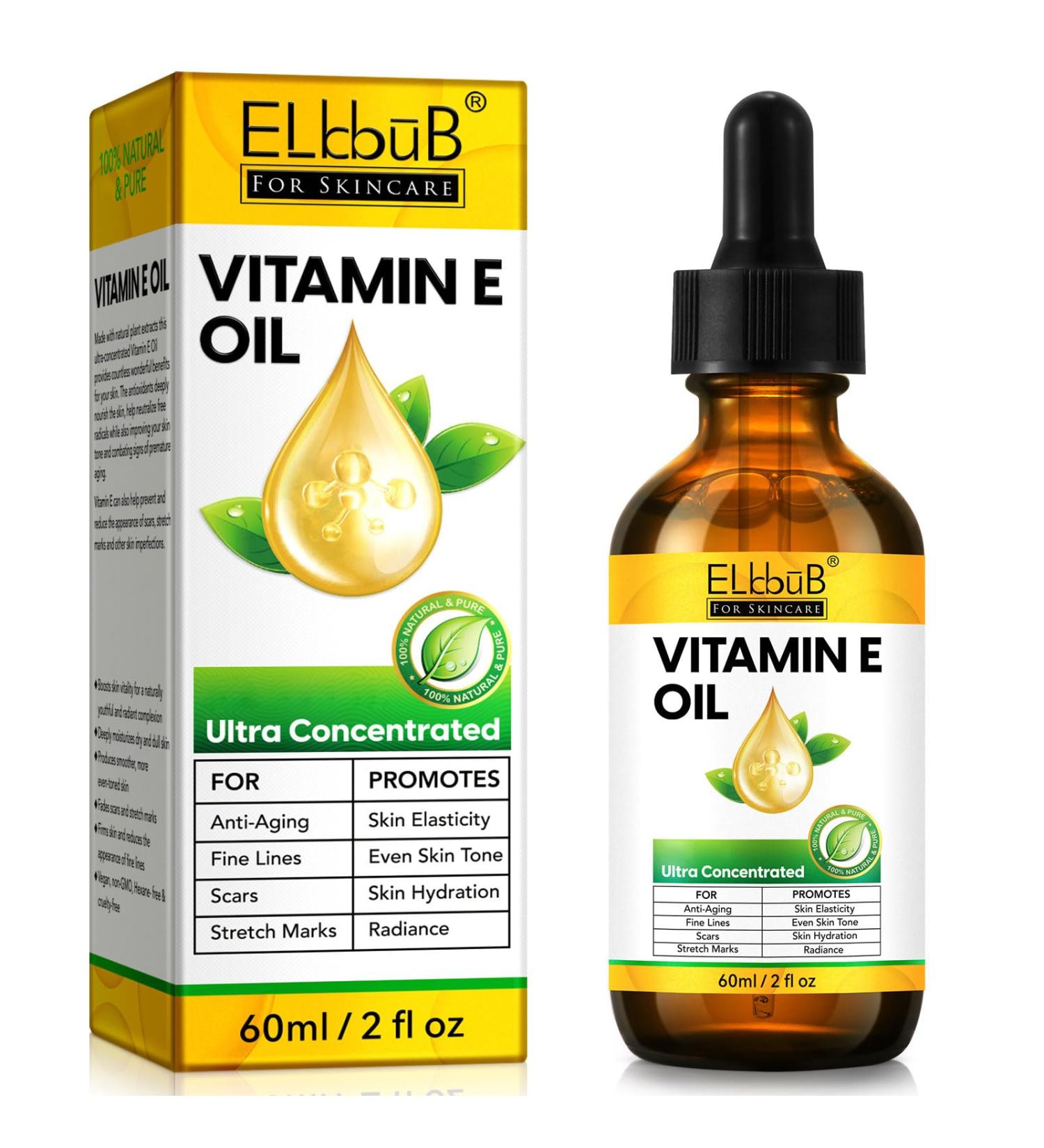 ELBBUB Huile de vitamine E 75 000 UI hydratation ultra concentr e r duction des cicatrices et des vergetures soin hydratant pour le visage le corps les cheveux et les ongles - Buy Online on GoSupps.com