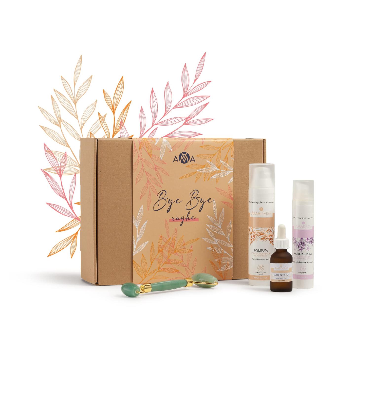 Skincare Kit with Anti-Wrinkle Cream for Women - Bye Bye Rughe Gift Box - Hyaluronic Acid Face Serum/Anti-Wrinkle Cream/Immediate Face Lifting Cream/Jade Roller - AMADERM Box - Buy Online on GoSupps.com