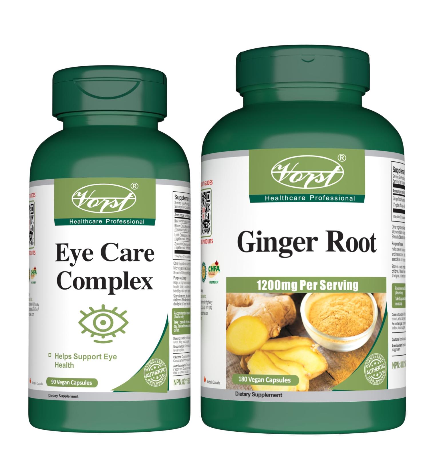 VORST Eye Care Complex 90 Vegan Capsules & Ginger Root 180 Vegan Capsules (Combo Bundle 2 Bottles)