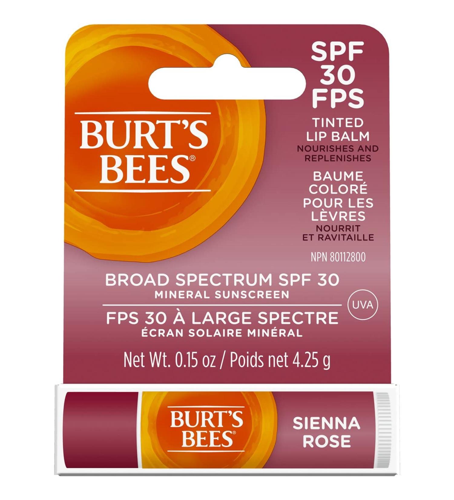Burt s Bees Tinted Lip Balm SPF 30 100% Natural Origin Mineral Sunscreen Sienna Rose Mother's Day Gift 1 Tube in Blister Box - Buy Online on GoSupps.com