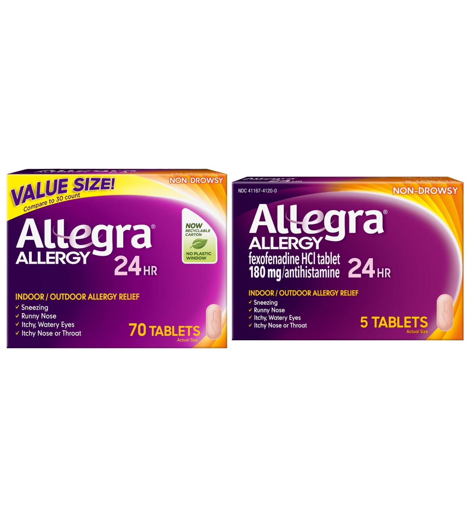 Allegra Adult 24-Hour Allergy Relief Tablets Non-Drowsy Indoor and Outdoor Allergy Medicine 180 mg Fexofenadine HCI Antihistamine Pill 70-Count & 5-Count Bundle - Buy Online on GoSupps.com