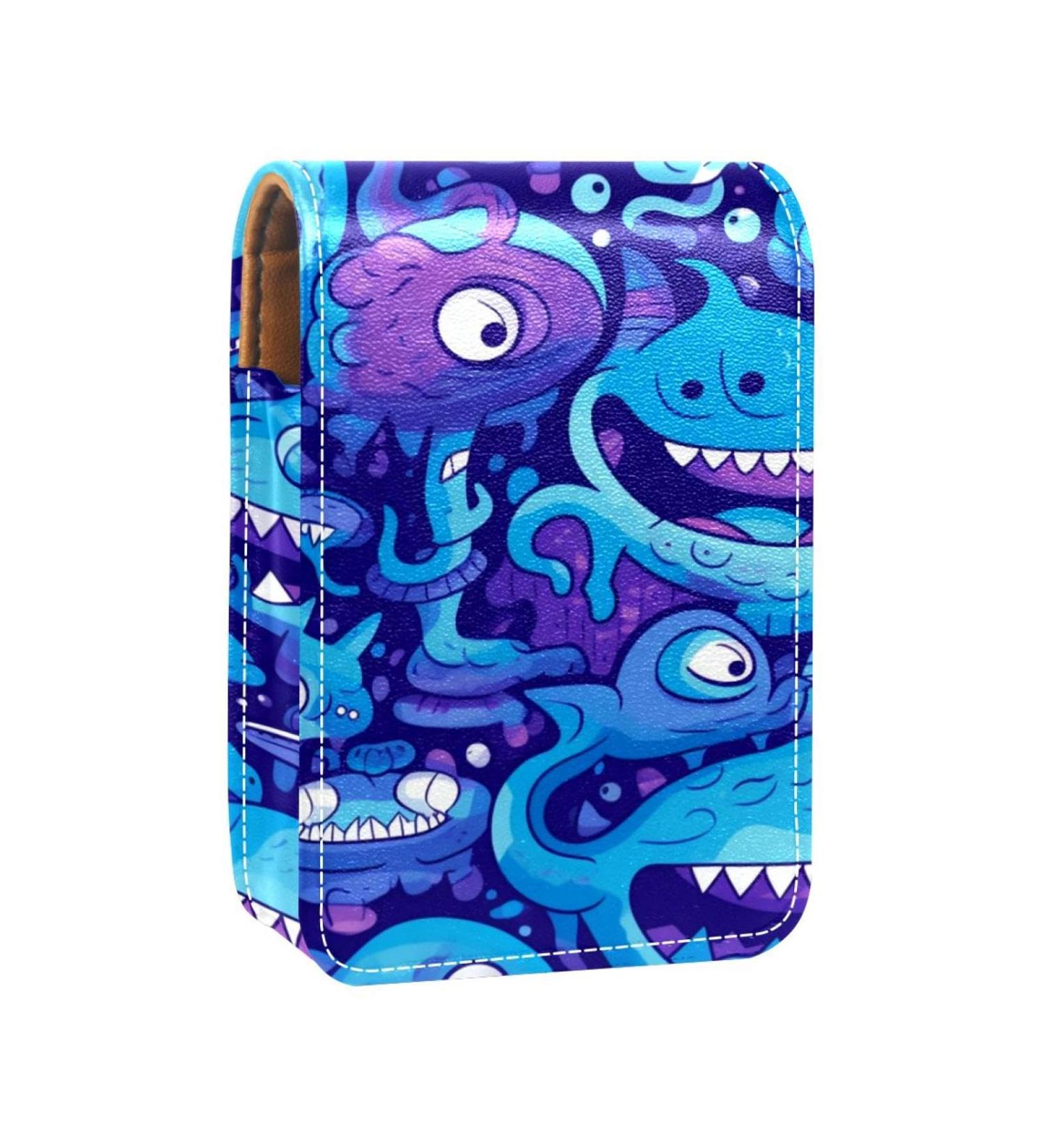 Travel Lipstick Organizer Case - Portable Makeup Bag with Mirror | Abstract Blue Cartoon Dinosaur Design - Buy Online on GoSupps.com