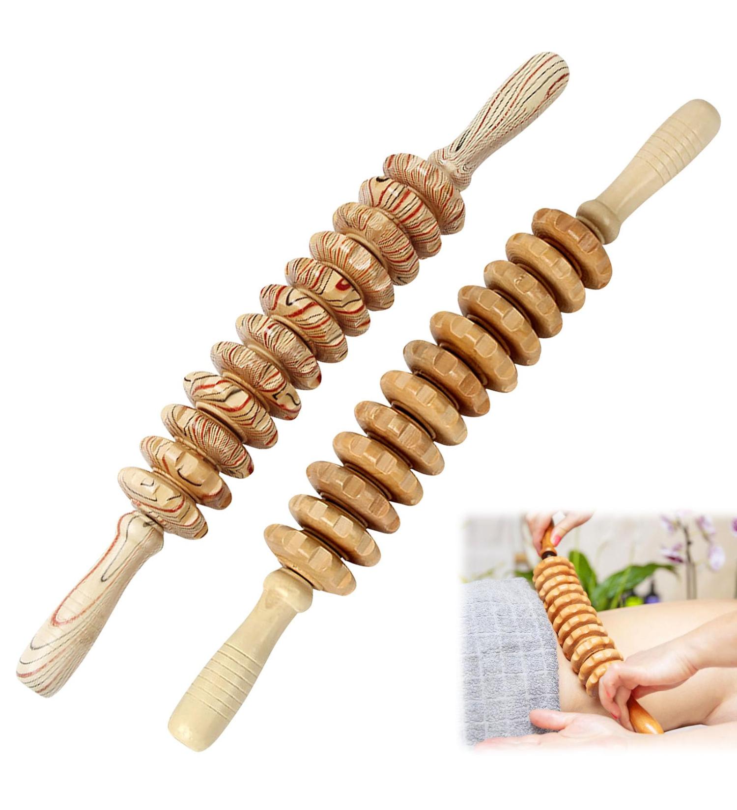 2 PCs Wooden Massage Roller - Anti-Cellulite Back Massager with Handle for Neck Legs & Body - Buy Online on GoSupps.com