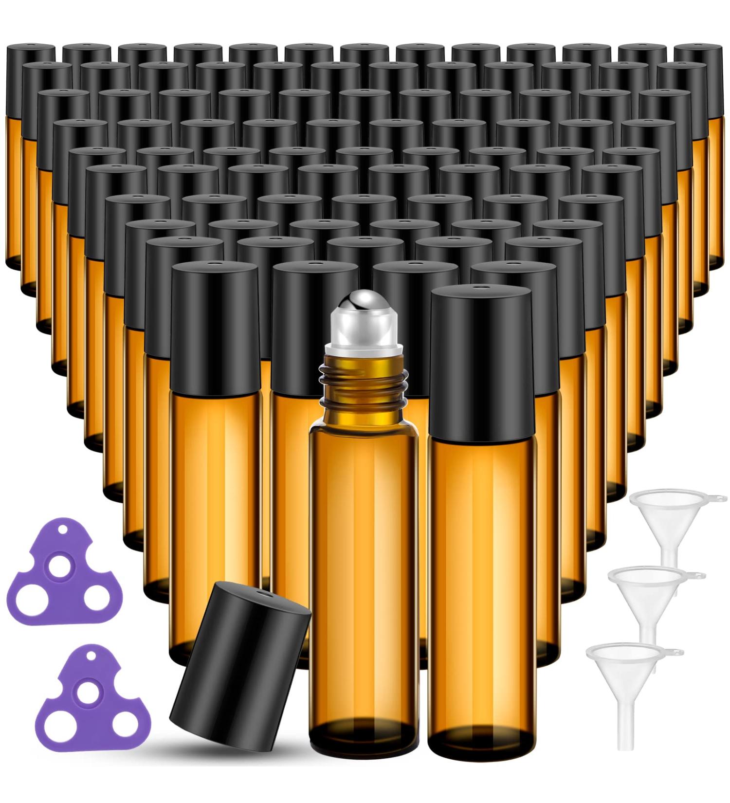 96 Pcs 10ml Essential Oil Roller Bottles - Amber Glass, Stainless Steel Roller Balls - Leakproof, with 2 Bottle Openers and 3 Funnels - for Travel Perfume, Lip Gloss - Buy Online on GoSupps.com