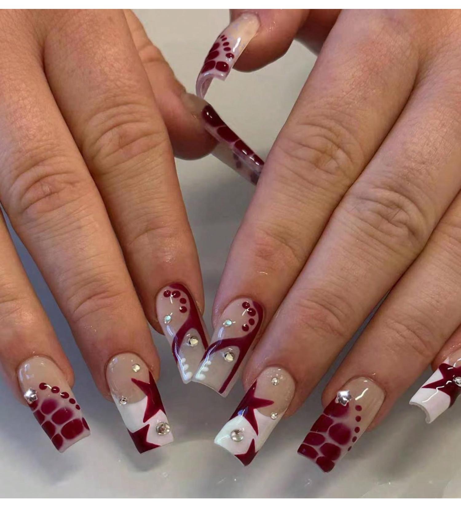 24pcs Star Rhinestone Coffin Fake Nail French Red Star 3D Press on Nails Valentine's Day Nails Luxurious Nails Acrylic Nails Fake Nails For Women Girls - Buy Online on GoSupps.com