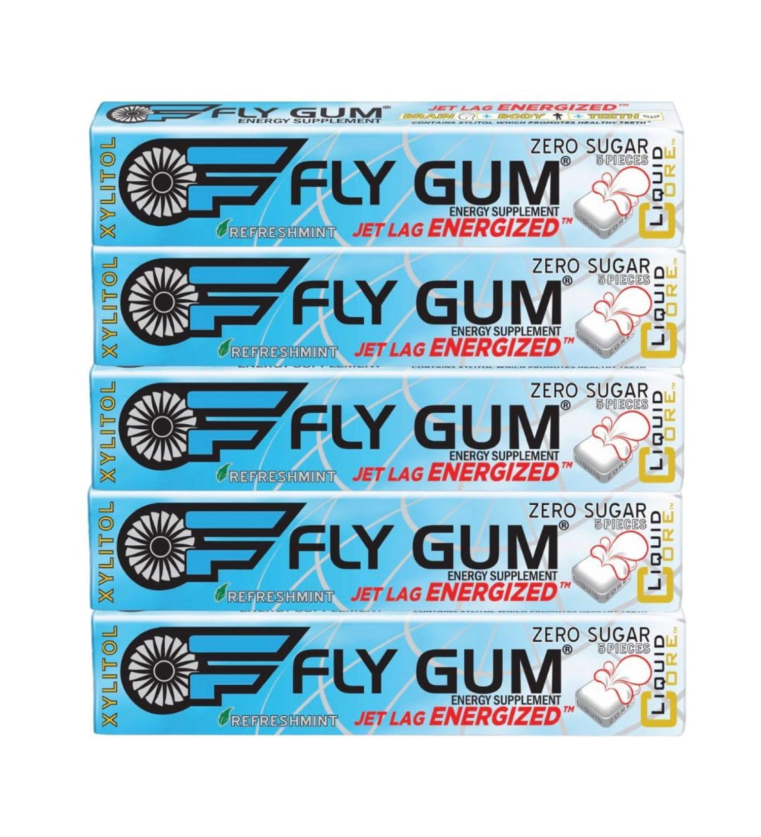 Fly Gum by Liquid Core Energy Gum with 80mg of Natural Caffeine Per Piece - Sugar-Free Aspartame-Free Caffeine Gum for Travel 5 Packs - 25 Pieces
