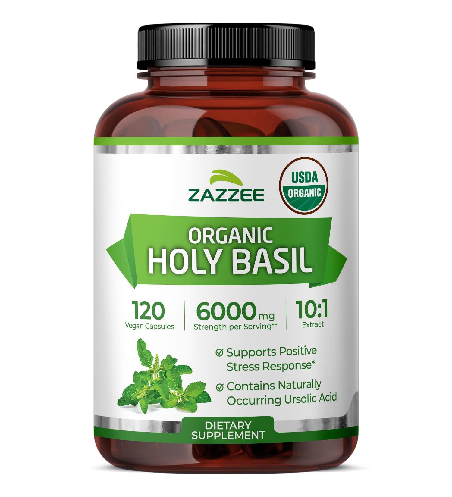 Zazzee USDA Organic Holy Basil 10:1 Extract 6000 mg Strength 120 Vegan Capsules Concentrated and Standardized 10X Tulsi Extract Ursolic Acid 100% Certified Organic Non-GMO - Buy Online on GoSupps.com