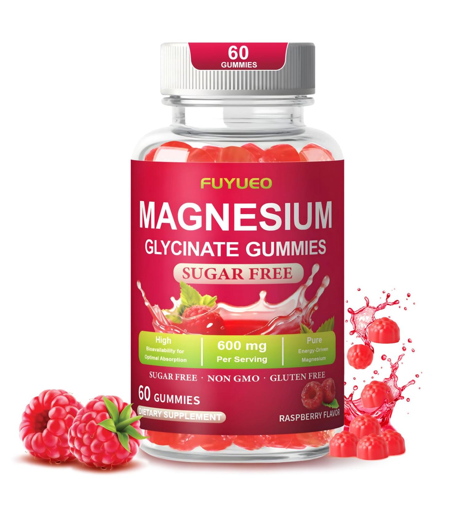 Magnesium Glycinate Gummies 600mg for Sleep & Relaxation Sugar Free High Absorption Magnesium Supplement for Women & Men Gentle on Stomach Raspberry Flavor 60 Count Raspberry 60 Count (Pack of 1) - Buy Online on GoSupps.com