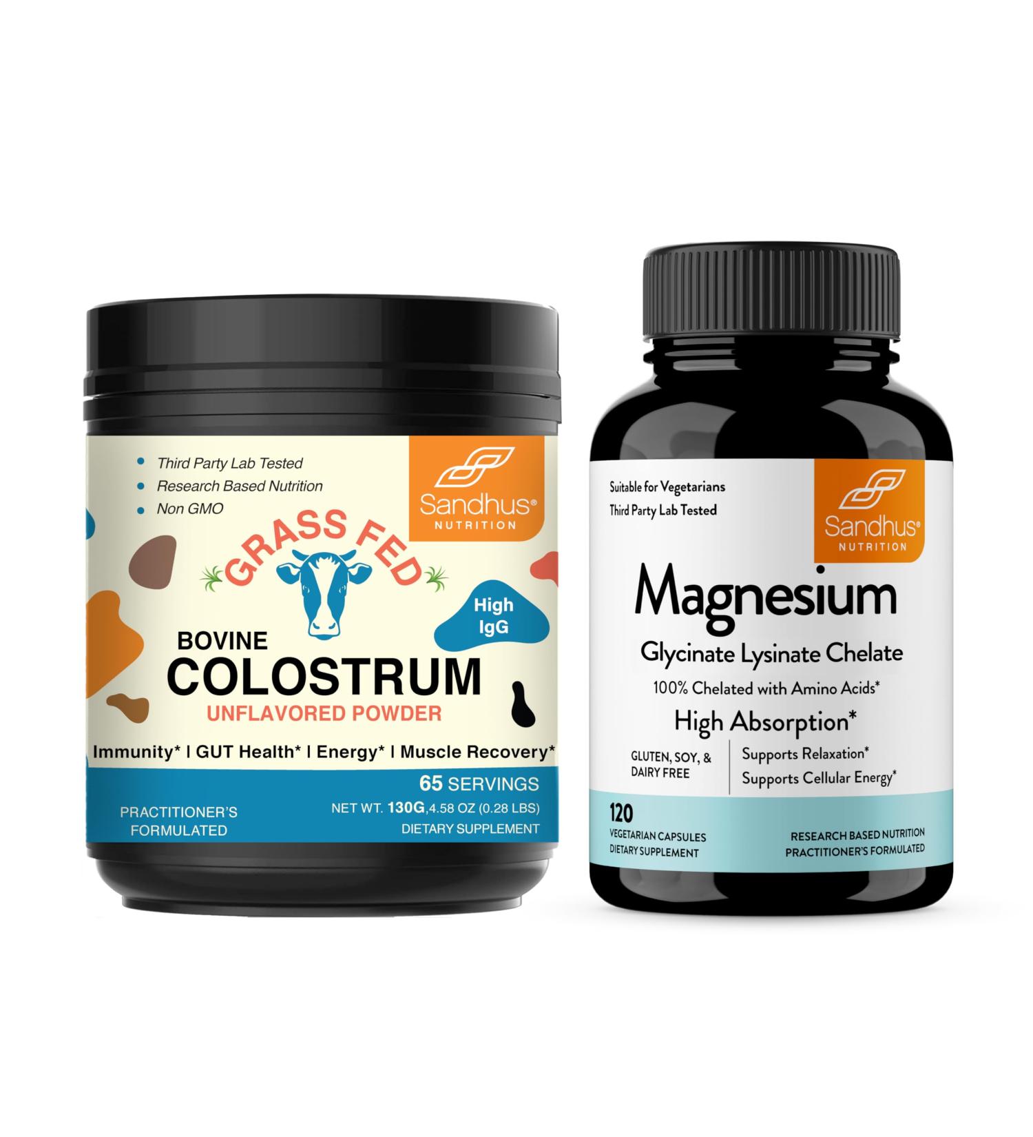 Sandhu's Bovine Colostrum Powder & Magnesium Glycinate Lysinate Capsules | Helps Gut Immune Heath & Sleep Support - Buy Online on GoSupps.com