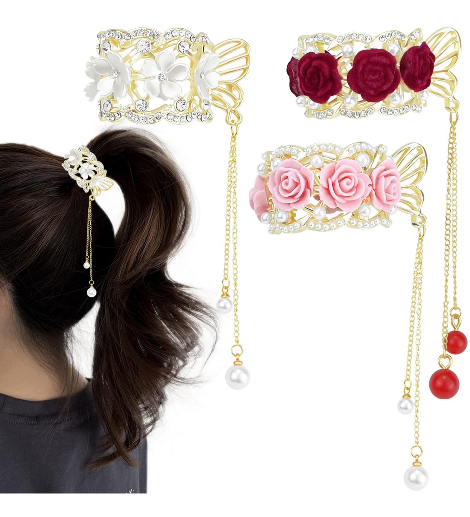 3 Pcs Rose Flower Tassel Ponytail Hair Clips | Vintage High Ponytail Hair Barrettes with Pearl Rhinestone Metal | Chinese Decorative Accessories for Bride Women Girls - Buy Online on GoSupps.com