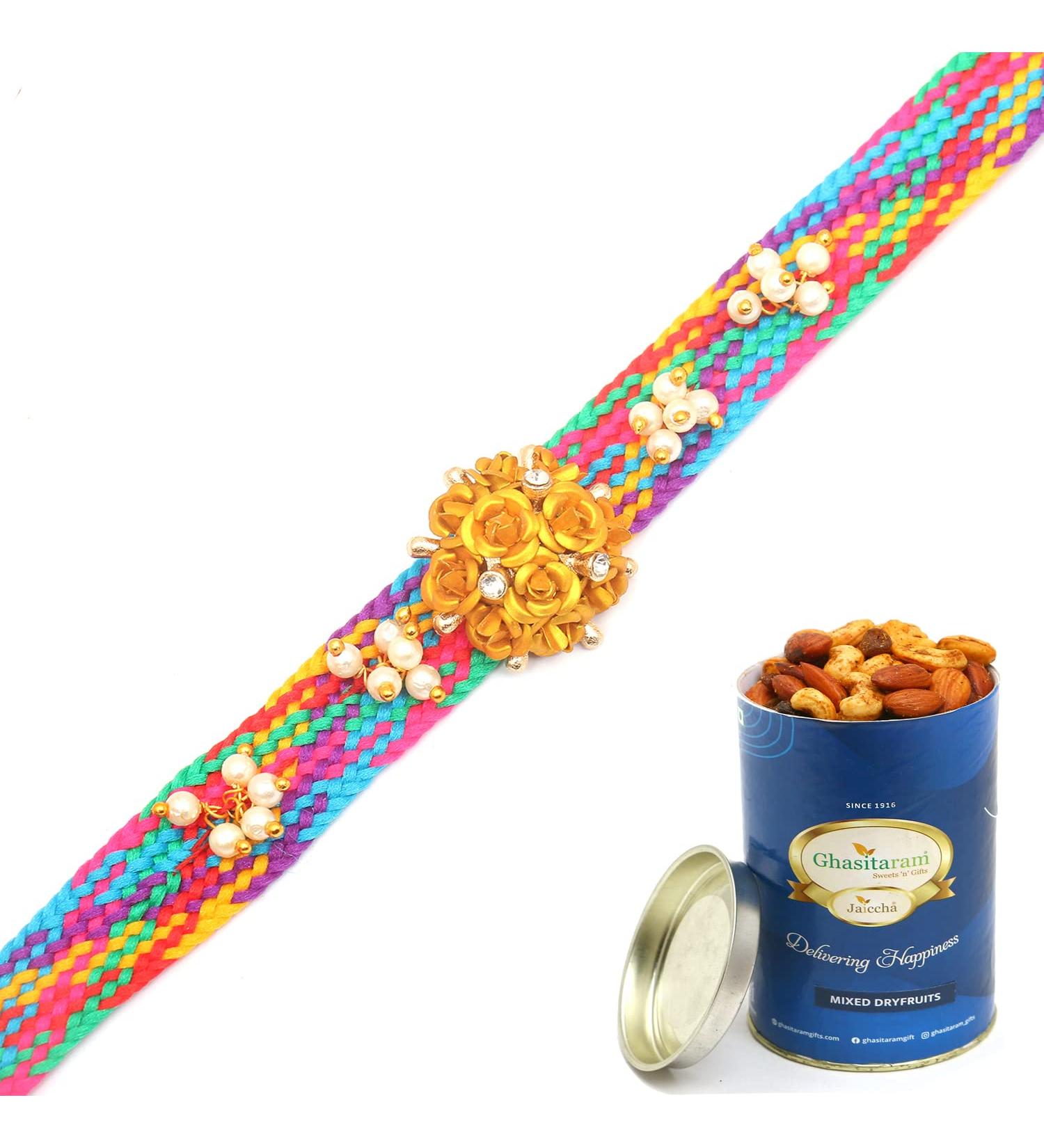 Ghasitaram Gifts Rakhi for Brother Rakhis Online - RM594 - Blue Thread Bracelet Rakhi with 100 GMS of Dryfruits Mix Can - Buy Online on GoSupps.com