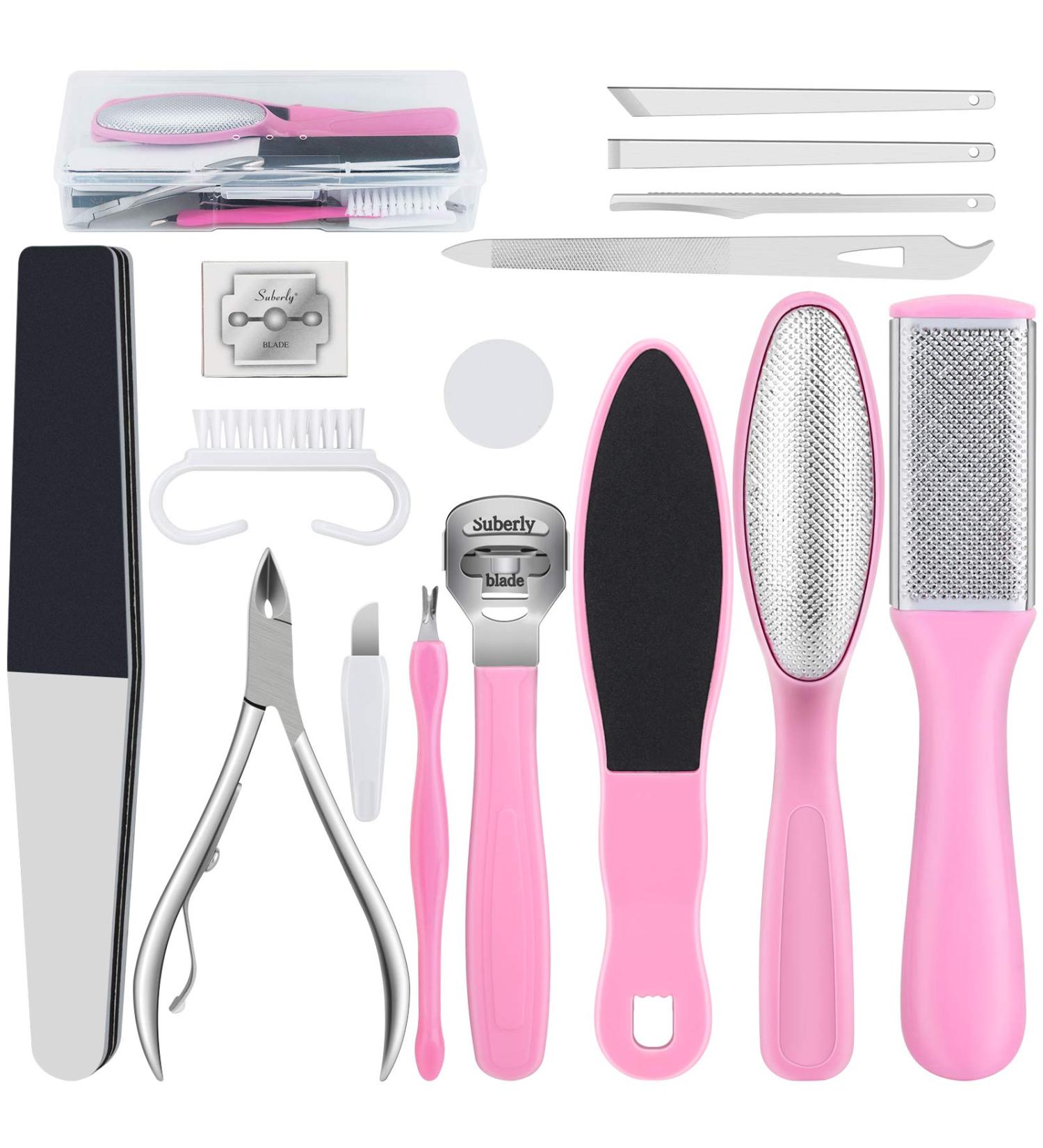 Footfire 16-Piece Pedicure Set - Premium Foot Care & Corn Removal for Men & Women - Perfect Rasp Files & Tools - Pink - Buy Online on GoSupps.com