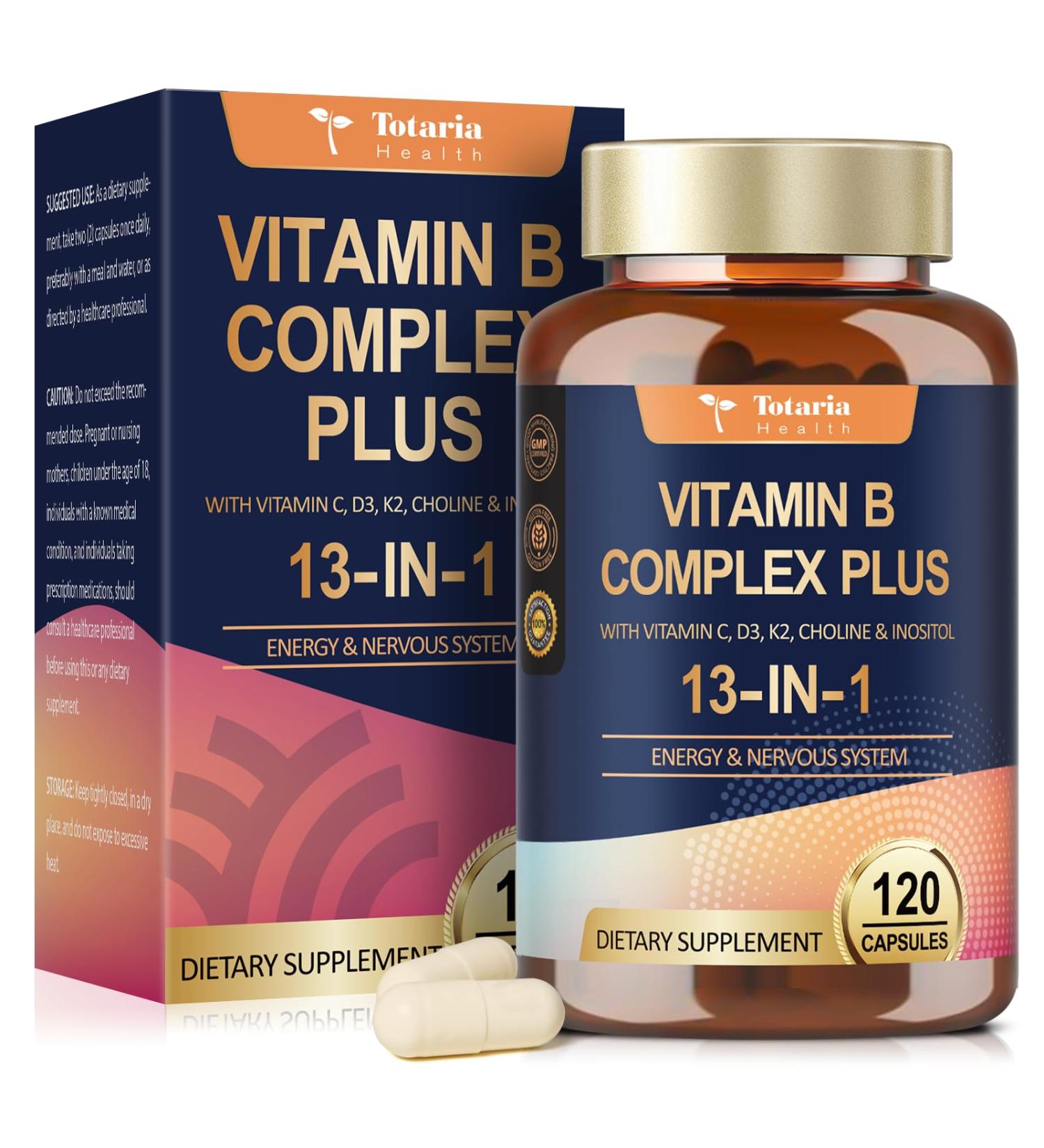 13-in-1 Vitamin B Complex Plus with Vitamin B1, B2, B3 (Niacinamide), B4, B5, B6, B7 (Biotin), B8 (Inositol), B9 (Folate), B12, C, D3, K2 - Energy, Nerve, Immune, Skin Support - 120 Vegan Capsules - Buy Online on GoSupps.com