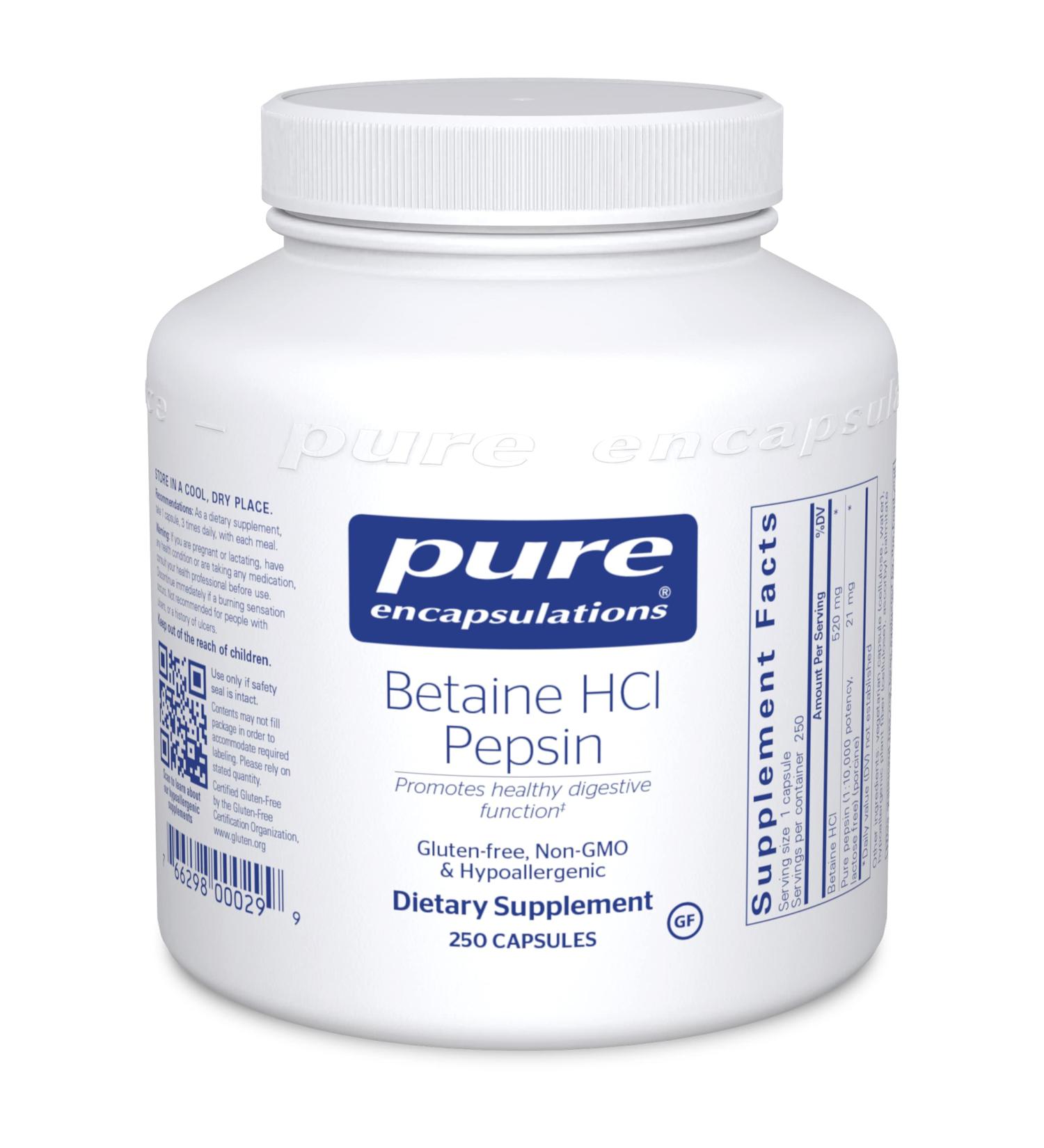 Pure Encapsulations Betaine HCl Pepsin Digestive Enzyme Supplement | 250 Capsules | Supports Stomach Acid Balance and Nutrient Absorption - Buy Online on GoSupps.com