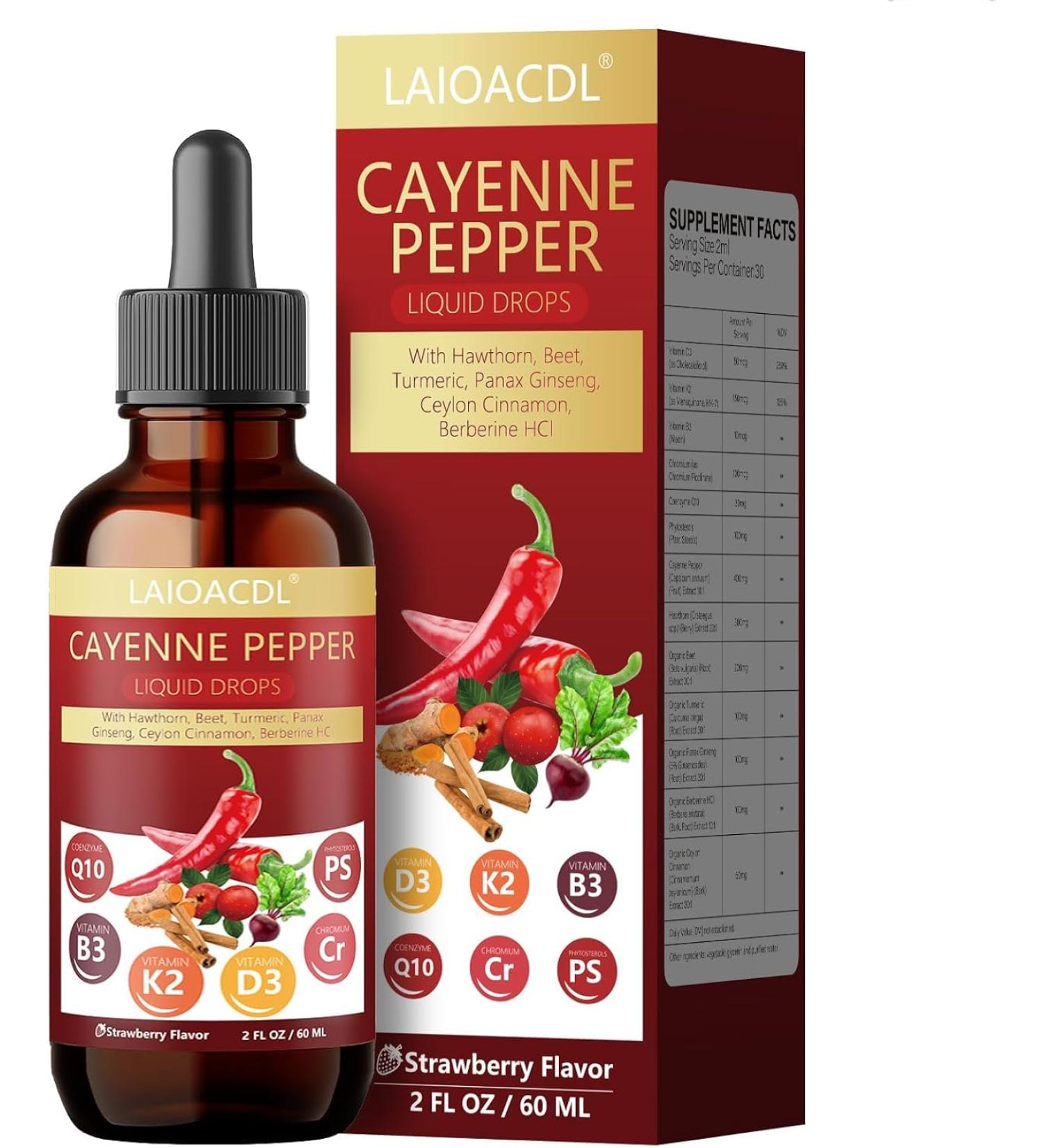 Cayenne Pepper Drops + Berberine Supplement with Ceylon Cinnamon Vitamin D3 K2 B3 Turmeric CoQ10 Beetroot Panax Ginseng Hawthorne Berry Chromium - Buy Online on GoSupps.com