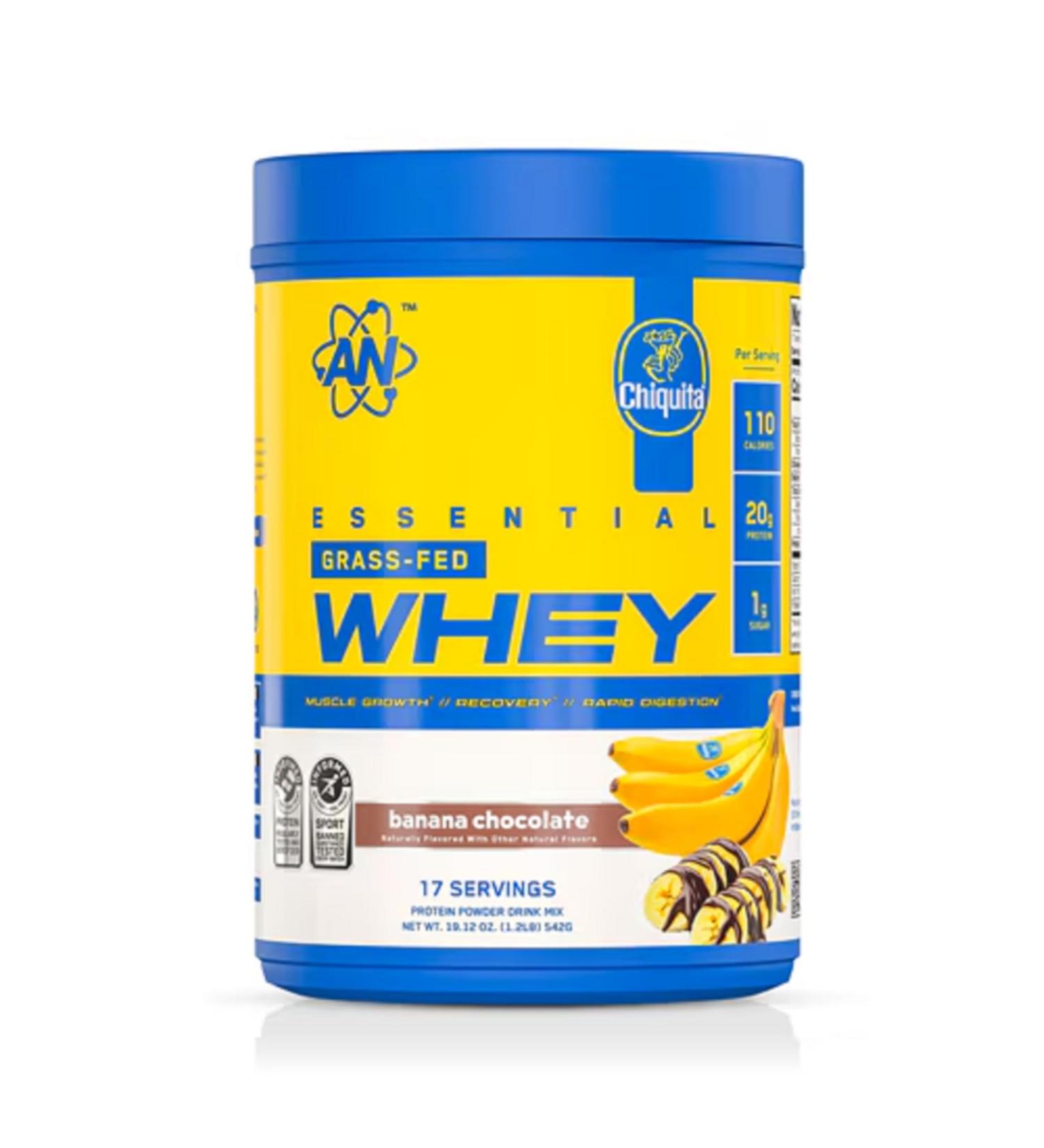 an Supps Essential Grass Fed Whey Protein Powder | 20g Protein 500mg Potassium 1g Sugar | Recovery Muscle Growth Rapid Digestion | Gluten Free | 17 Servings | Chiquita Banana Chocolate