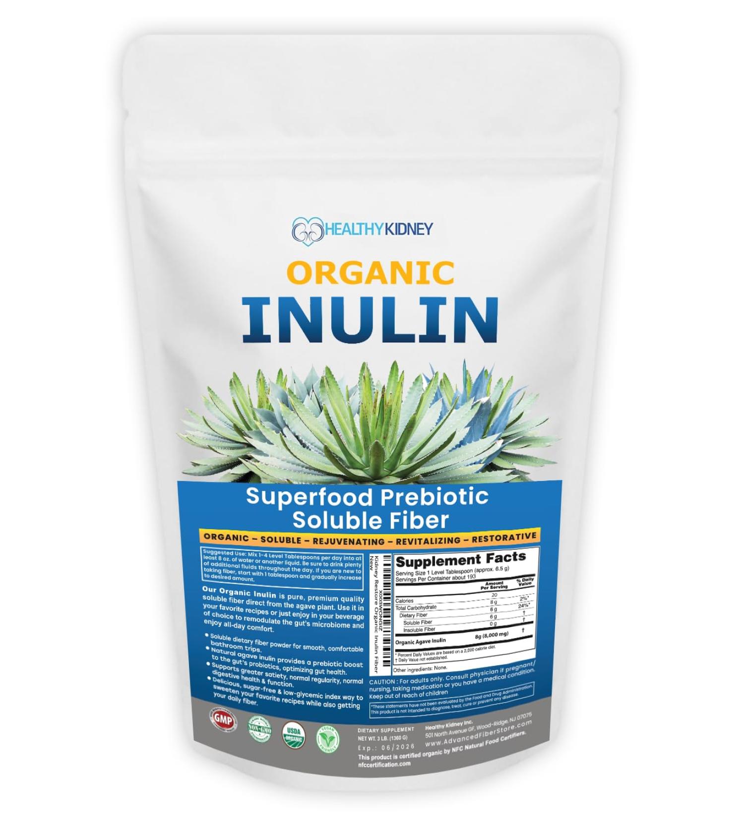 Organic Inulin Powder (48oz/3 lbs) Gentle Agave Prebiotic Soluble Fiber Supplement for Digestive Support Gut Health Vegan Baking Smoothies & Drinks 48 Ounce - Buy Online on GoSupps.com