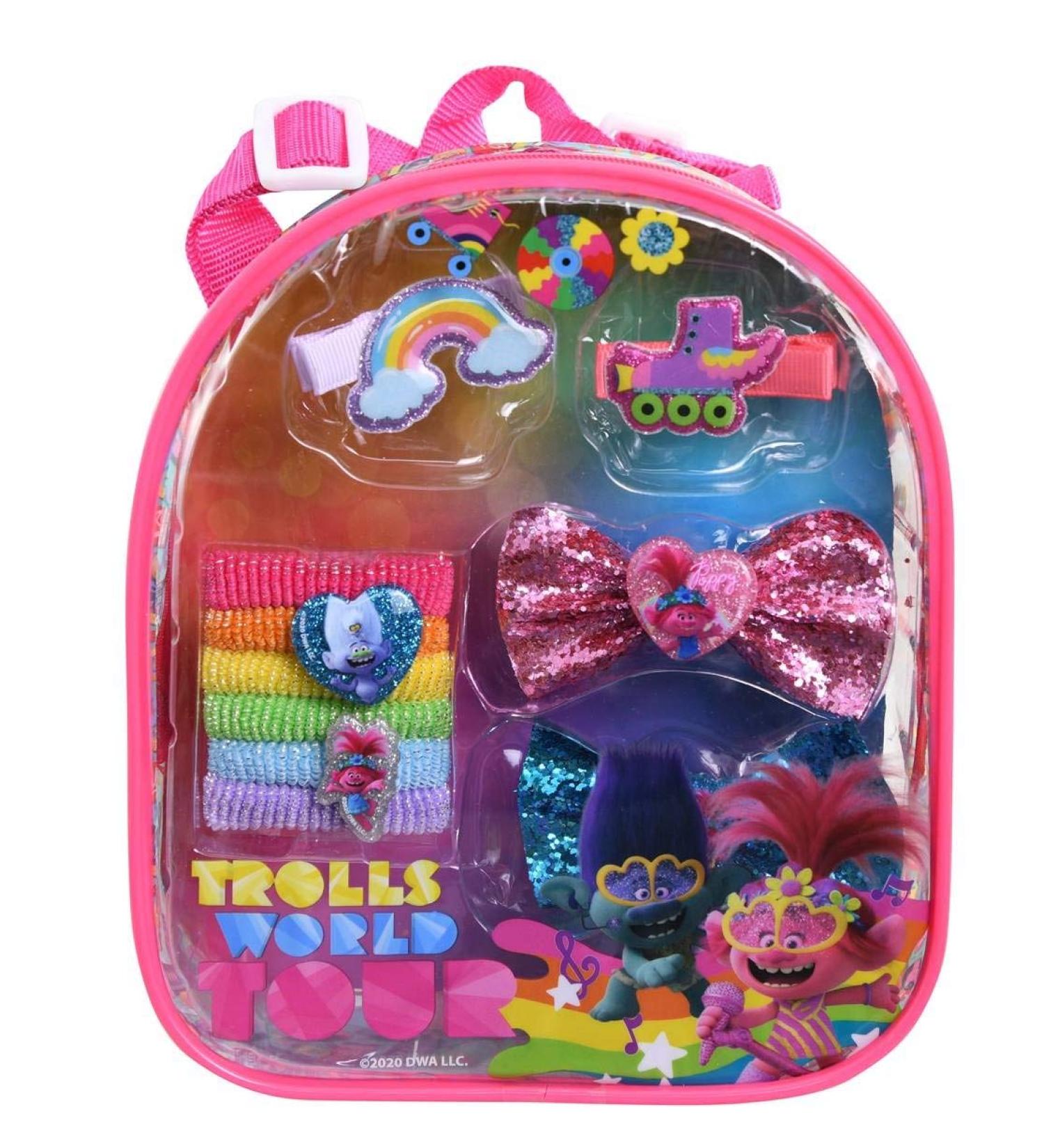 Trolls 2 Hair Accessory Backpack Set Princess Poppy Hair Styling Kit in Clear Bag with Elastic Hair Ties Sparkling Bow Ties & Snap Clips Troll Hair Accessories Gift Set Charm Goodies for Girls