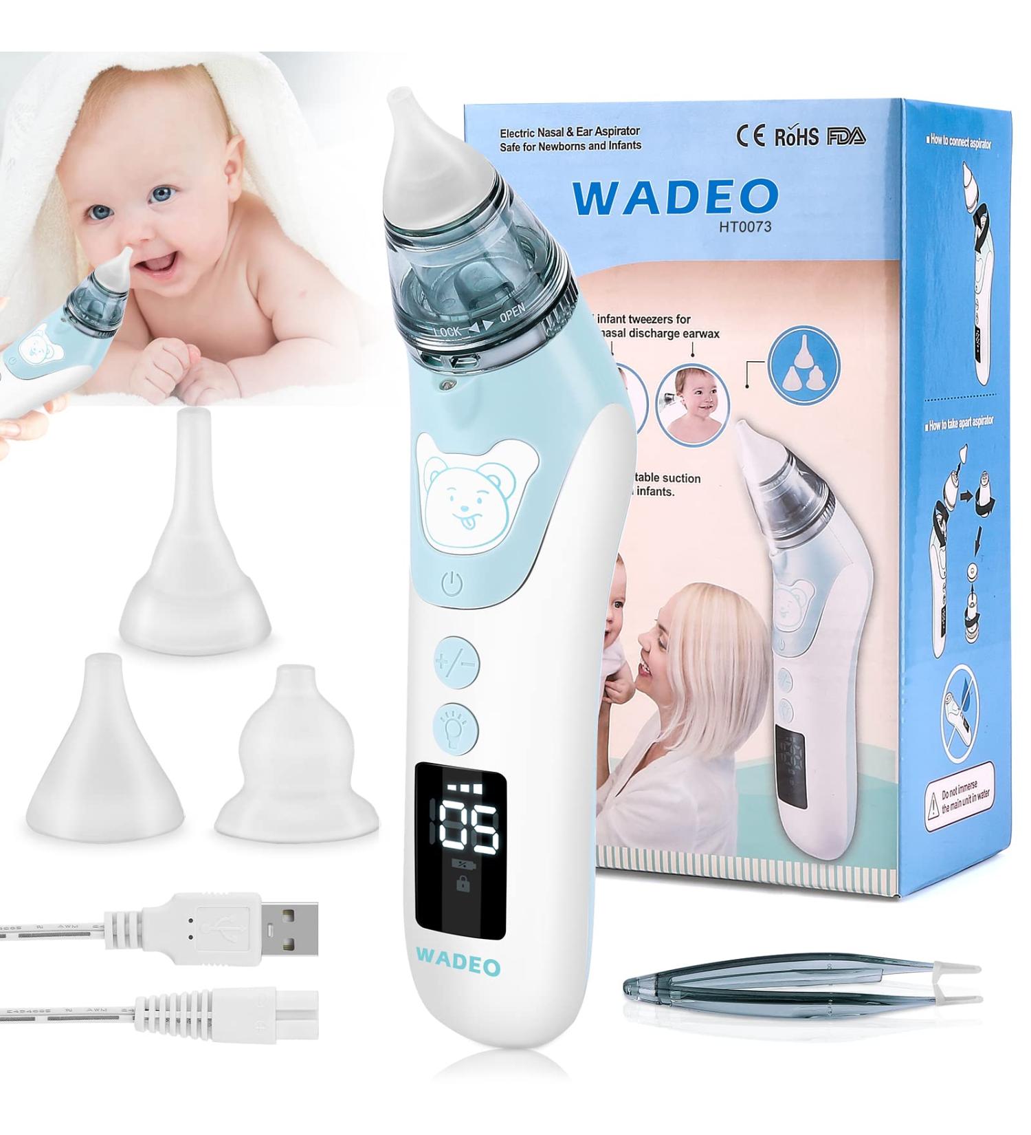 Wadeo Electric Baby Nasal Aspirator - Rechargeable USB LCD Screen 5 Suction Levels 3 Silicone Tips | Perfect for Newborns Infants & Toddlers - Buy Online on GoSupps.com
