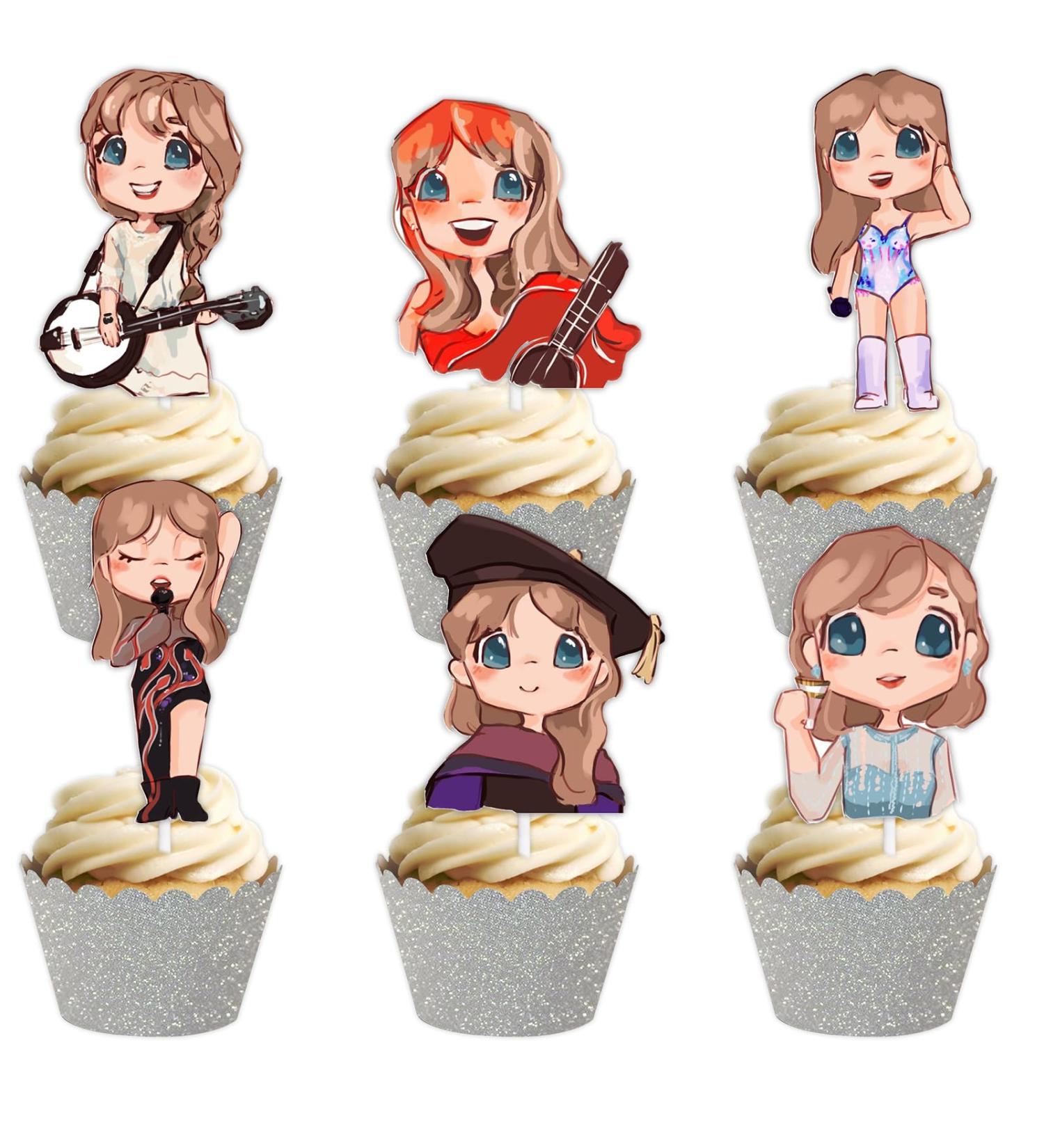18pcs Glitter Cartoon Guitar Girls Dessert Cupcake Topper Cheer to Worldwide Popular Female Singer Concert Theme Decor Pick for Fan Men Women Happy Birthday Party Decorations Supplies - Buy Online on GoSupps.com
