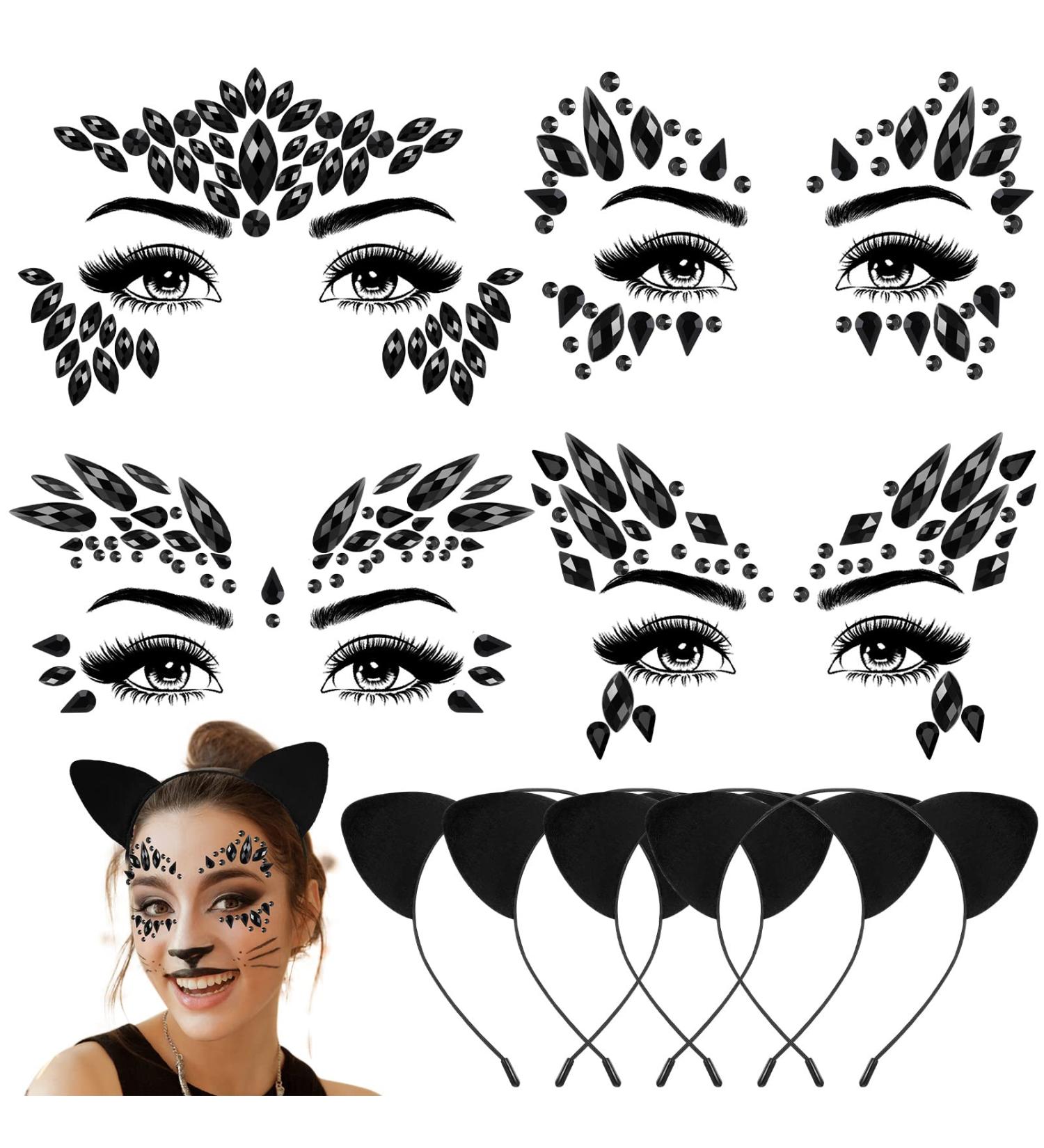 Lounsweer 8 Pcs Face Gems Temporary Tattoos with Cat Ears Headband - Black Rhinestone Makeup Jewels for Women - Mardi Gras Festival Cosplay - Buy Online on GoSupps.com